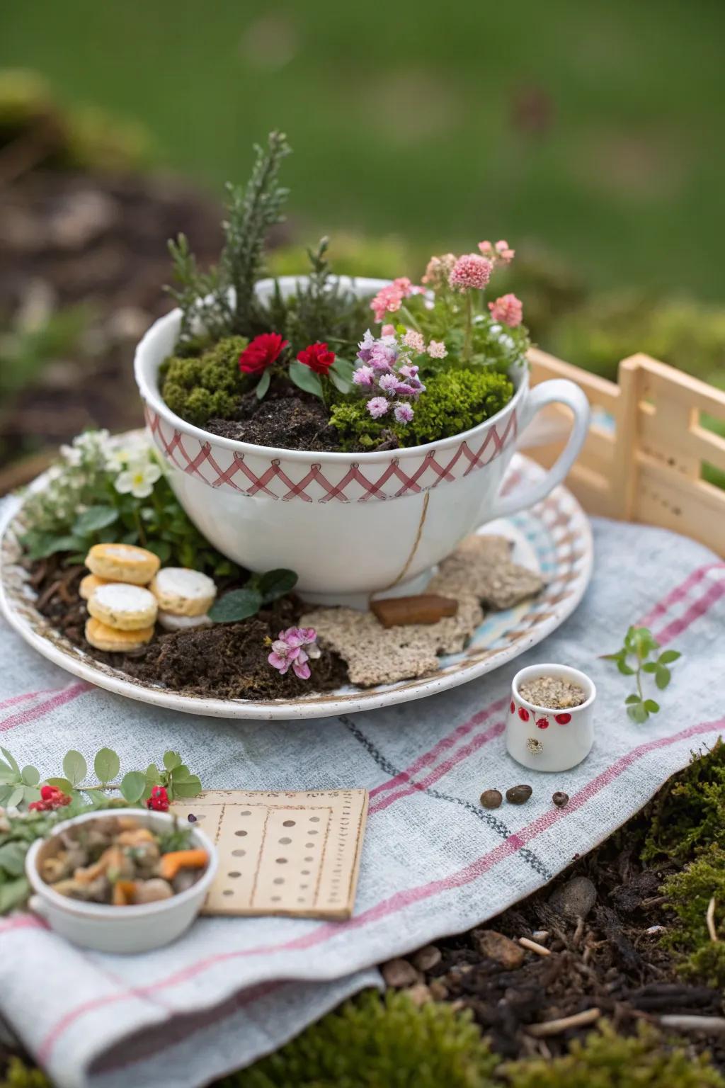 An adorable miniature picnic in a teacup.