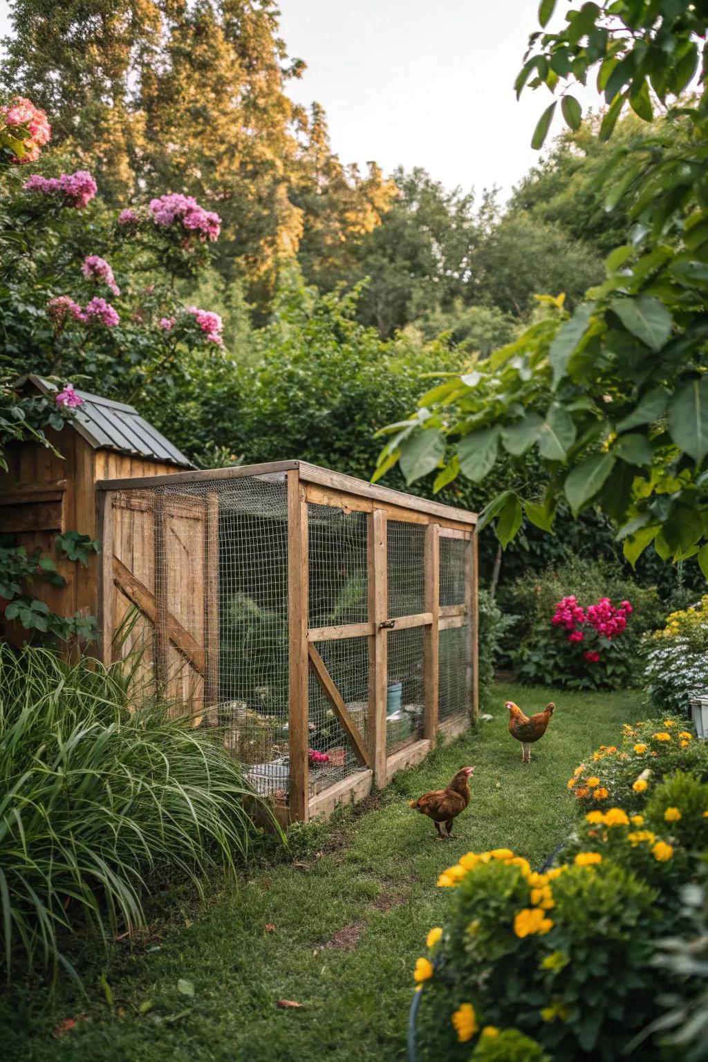 An eco-friendly chicken coop made from bamboo and mesh.