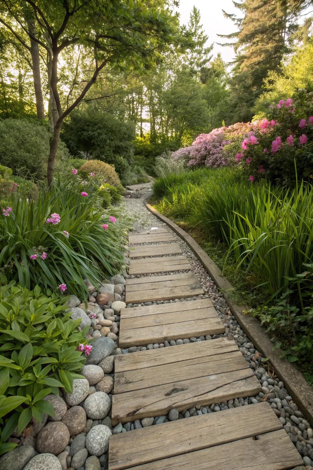 Pebble and plank combinations create a textured walkway.