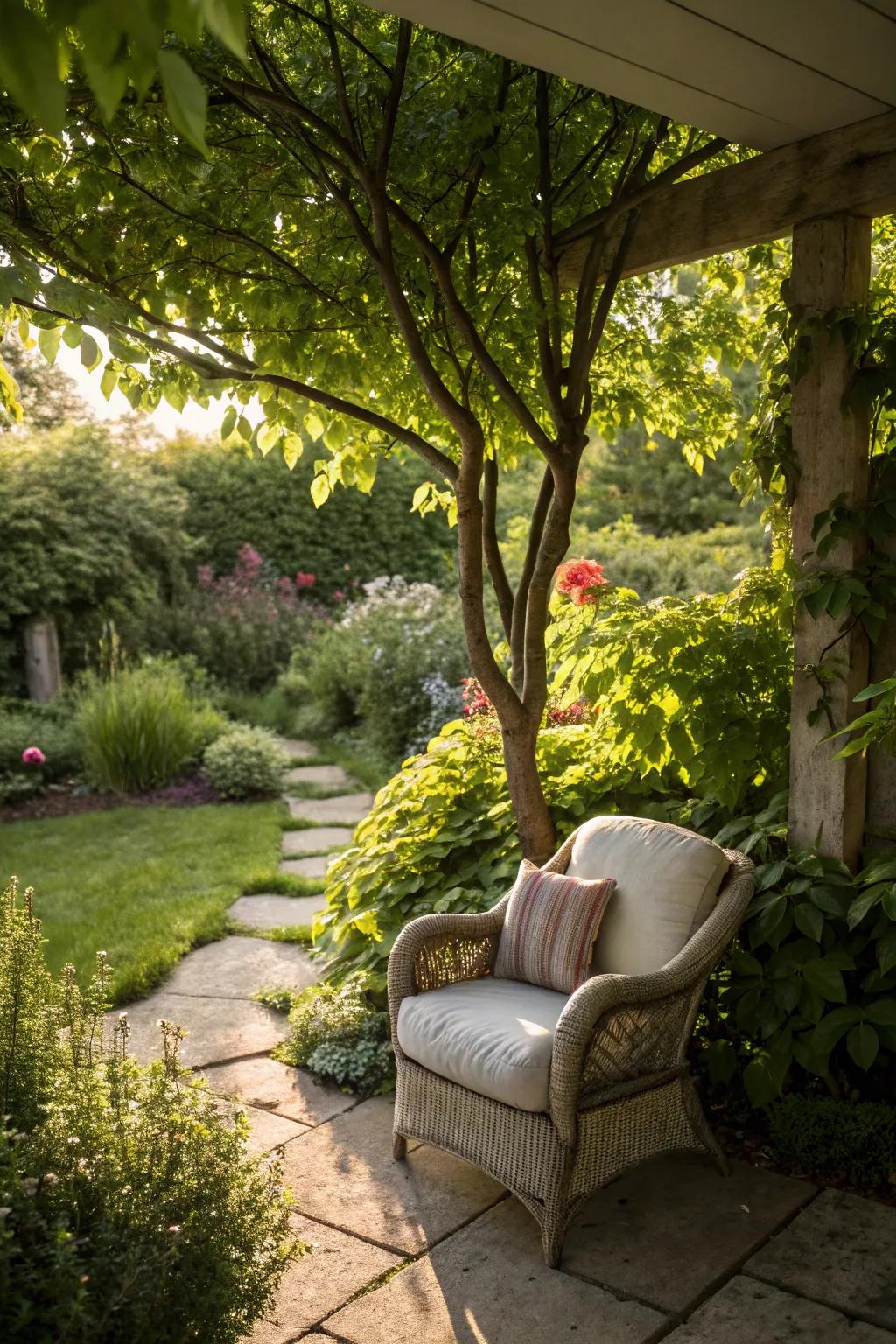 A meditation corner offers a peaceful retreat amidst your garden.