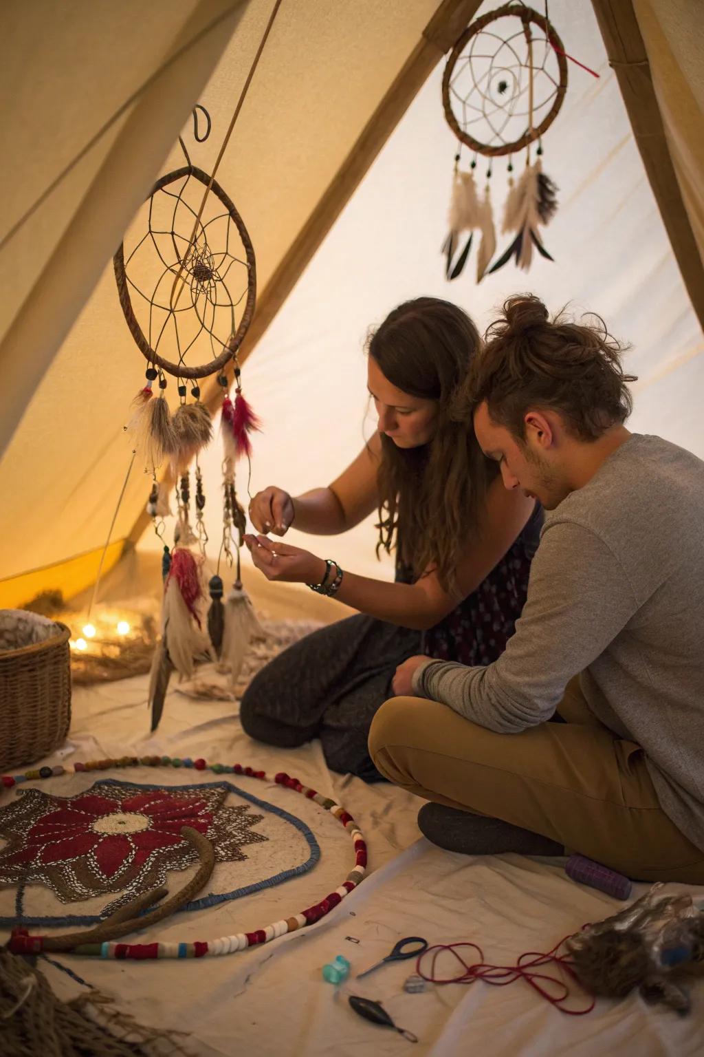 Add a personal touch by crafting dreamcatchers inside your tent.