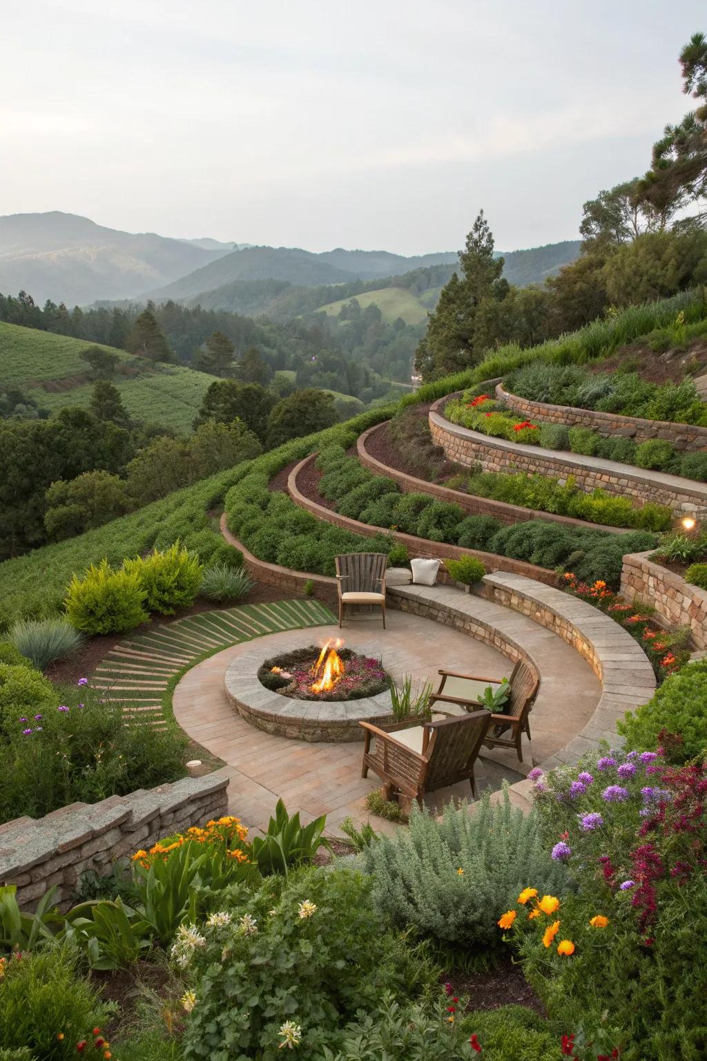 Terraced garden with a central fire pit and seating area, perfect for evening gatherings on a slope.