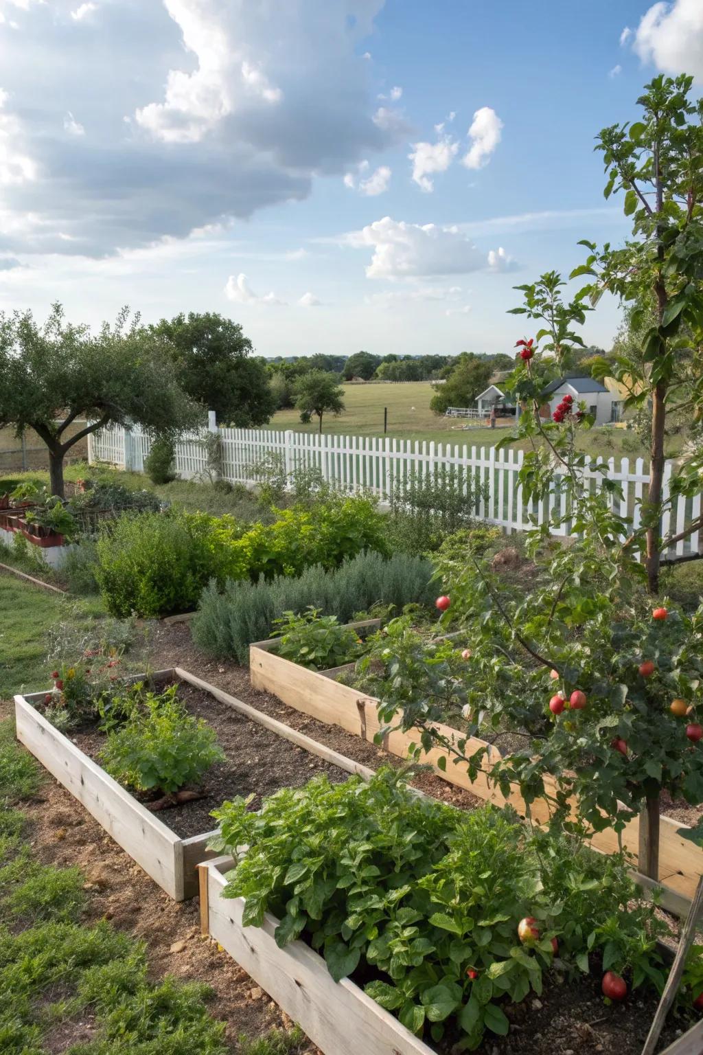 Edible plants like herbs and fruit trees adding beauty and bounty.