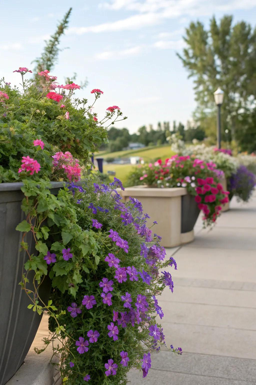 Trailing verbena providing a colorful, playful spill.