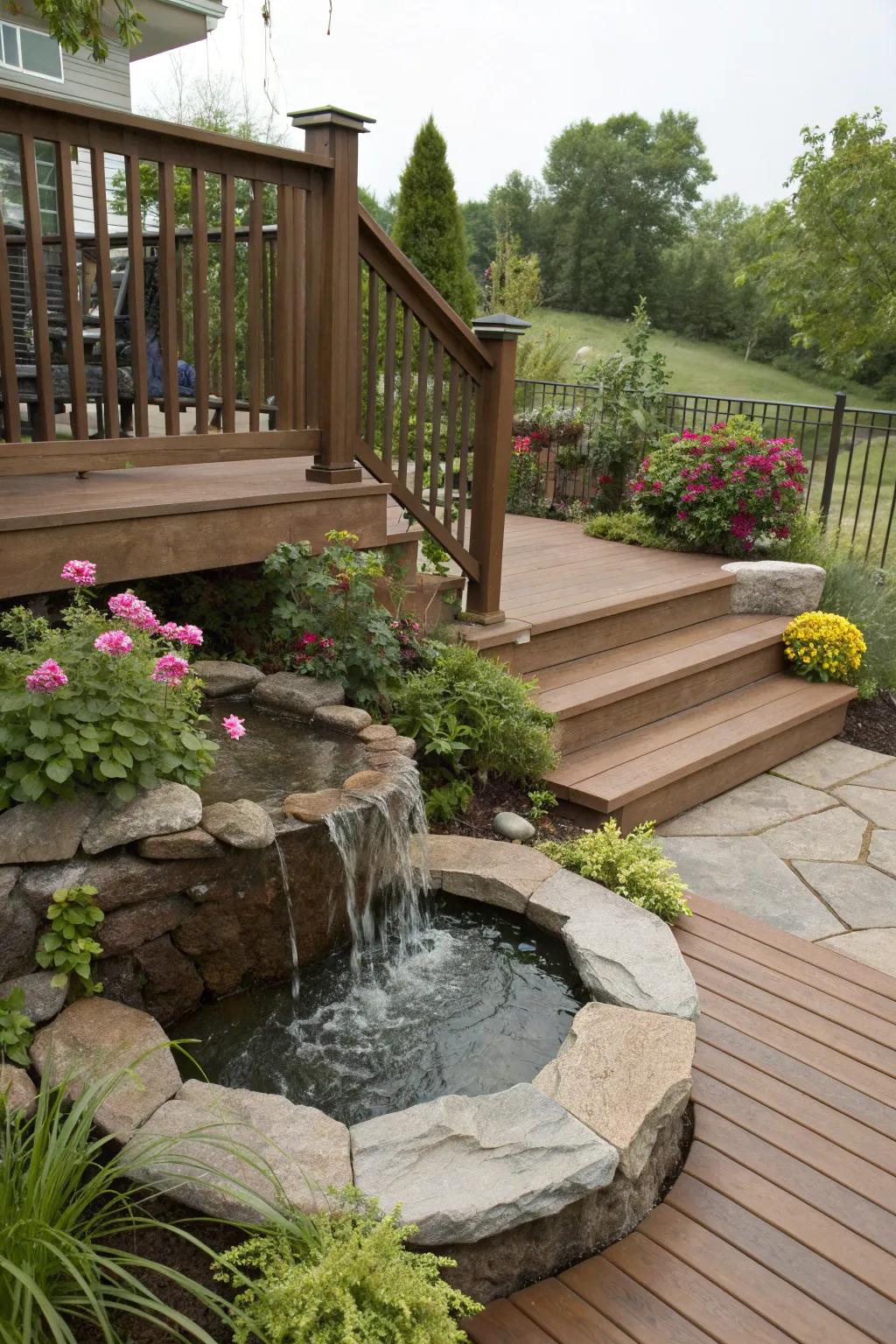 A soothing water feature adds tranquility to this deck.