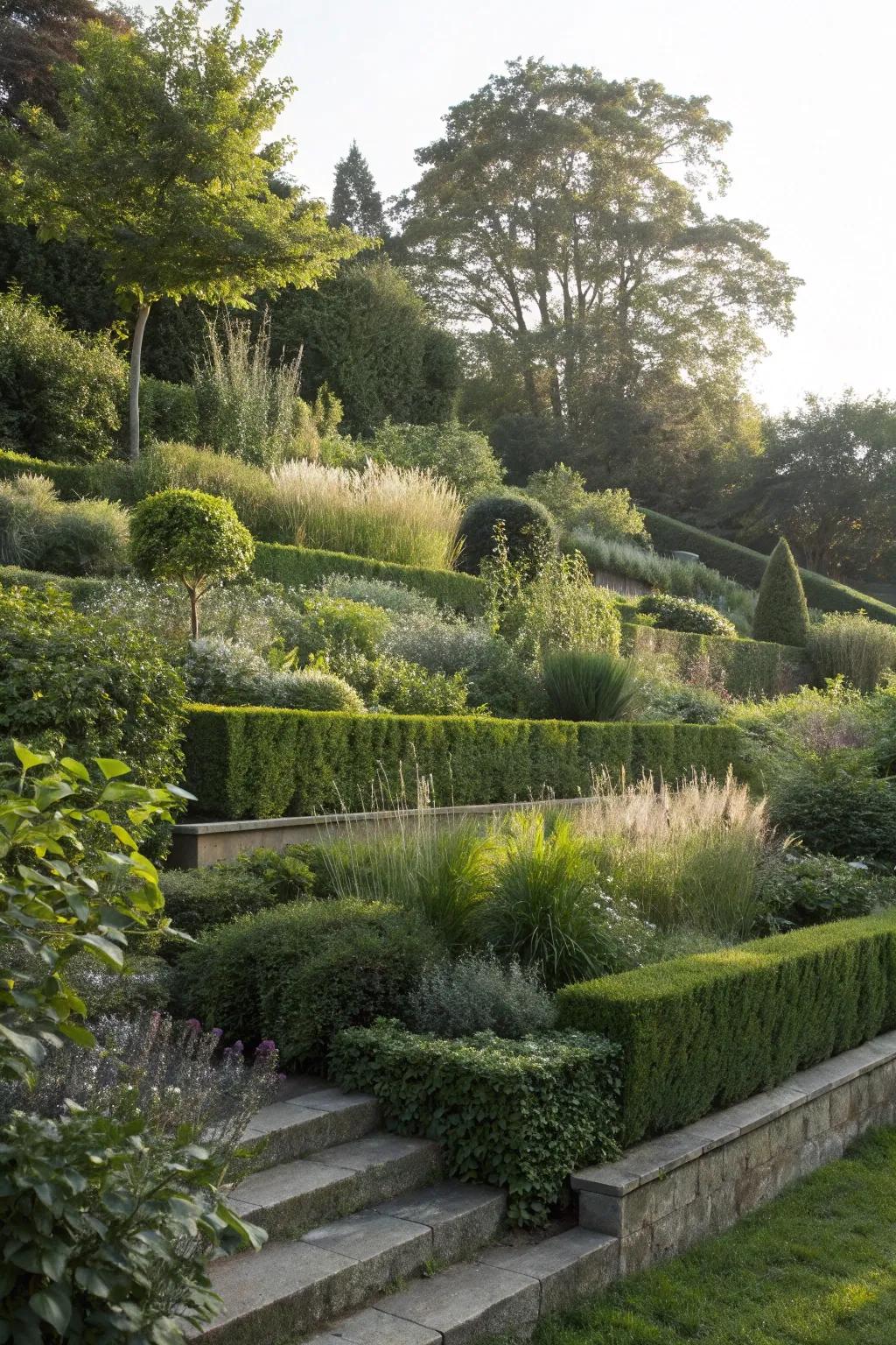 Natural screens offer privacy and shelter in tiered gardens.