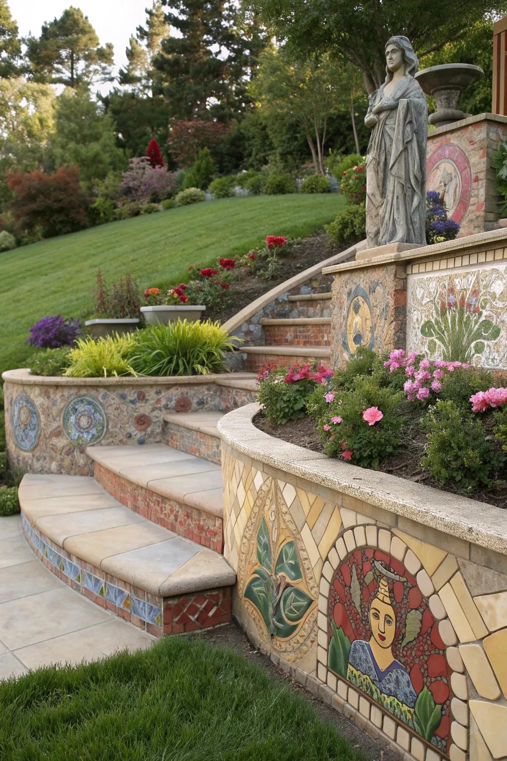 Artistic elements add a unique and personal touch to this tiered retaining wall.