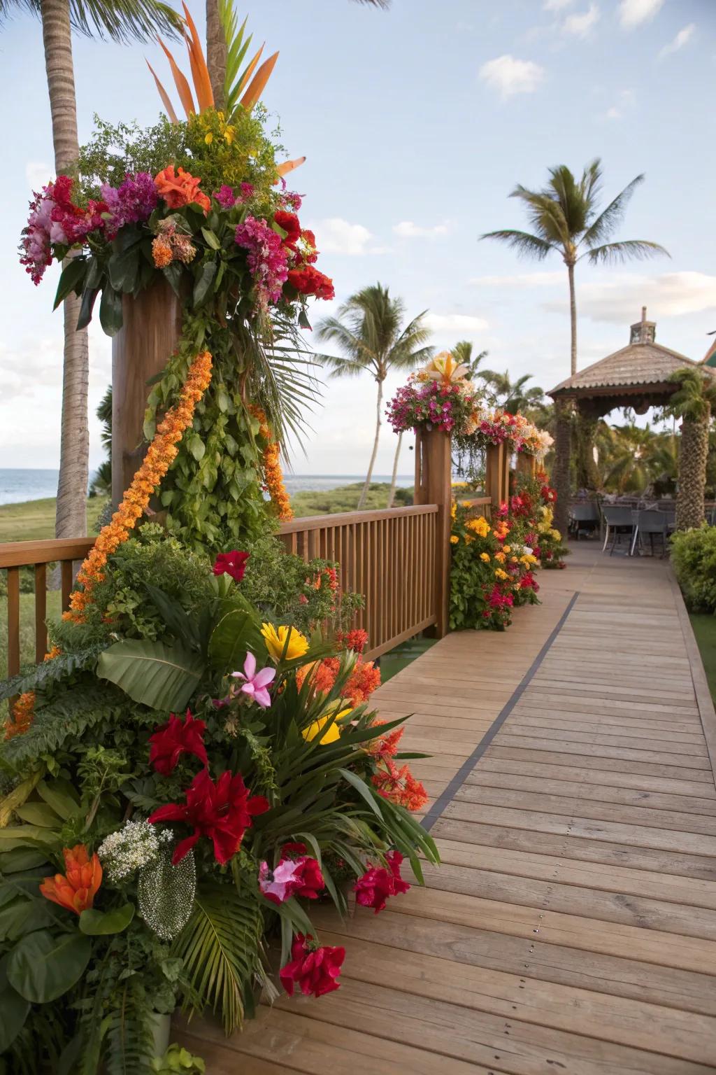 Vibrant flowers add a splash of color to the deck