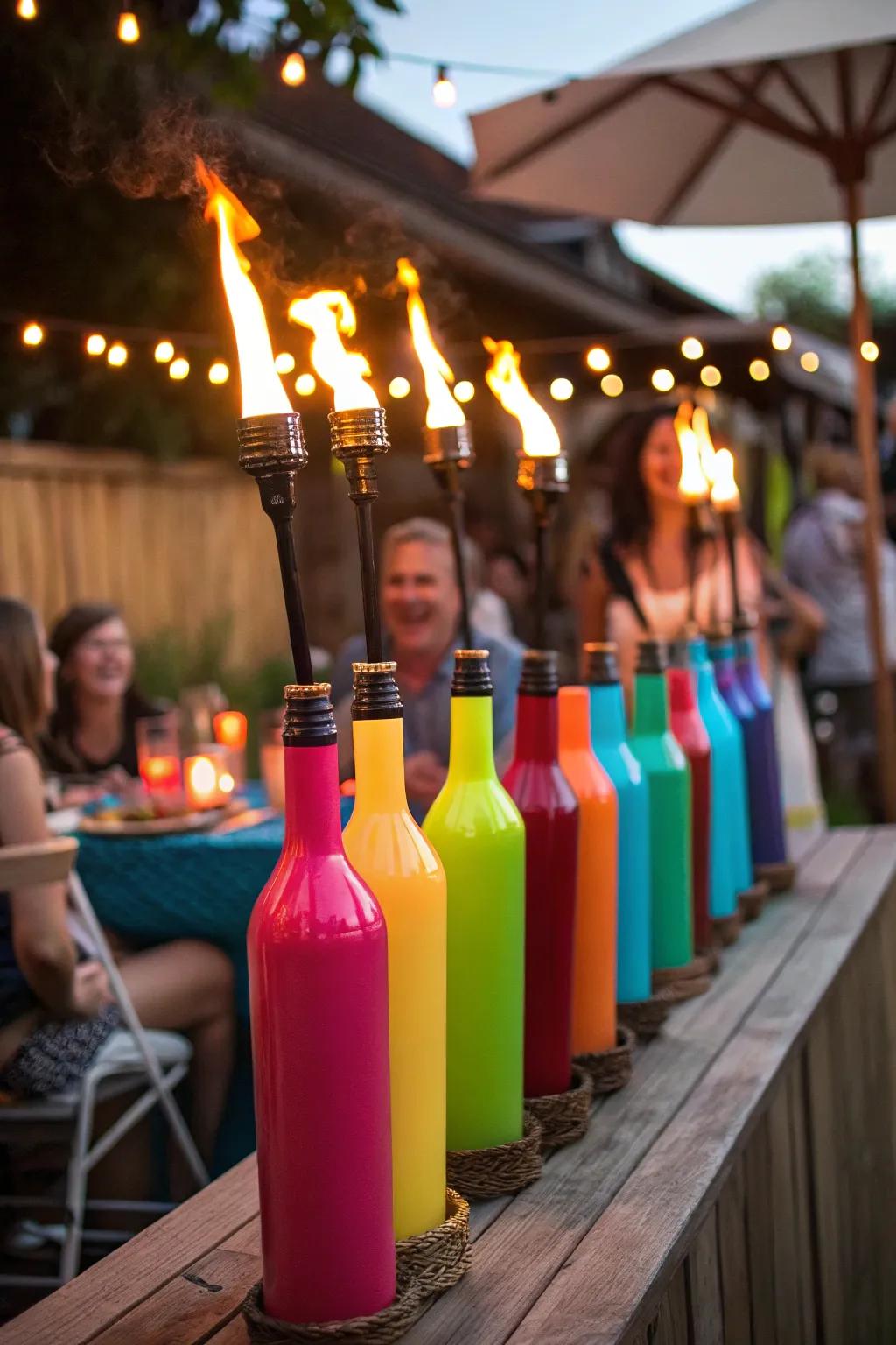 Painted bottle torches add a splash of color and fun to outdoor celebrations.