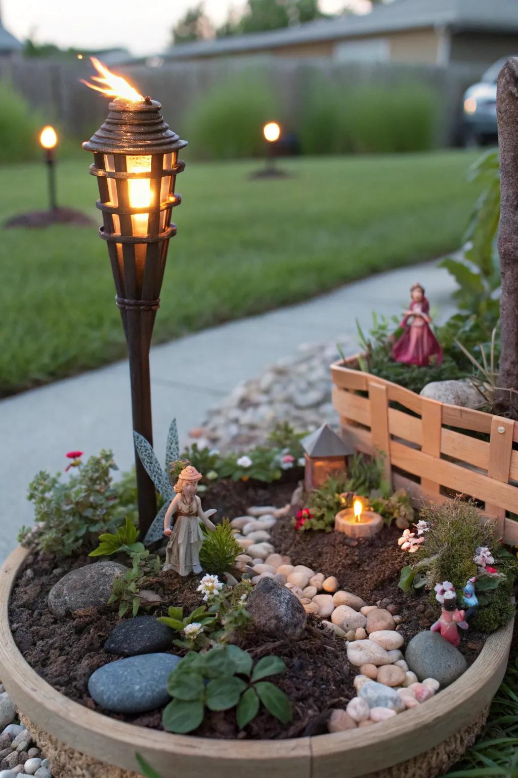 Tiki torches add a touch of magic to whimsical fairy gardens.