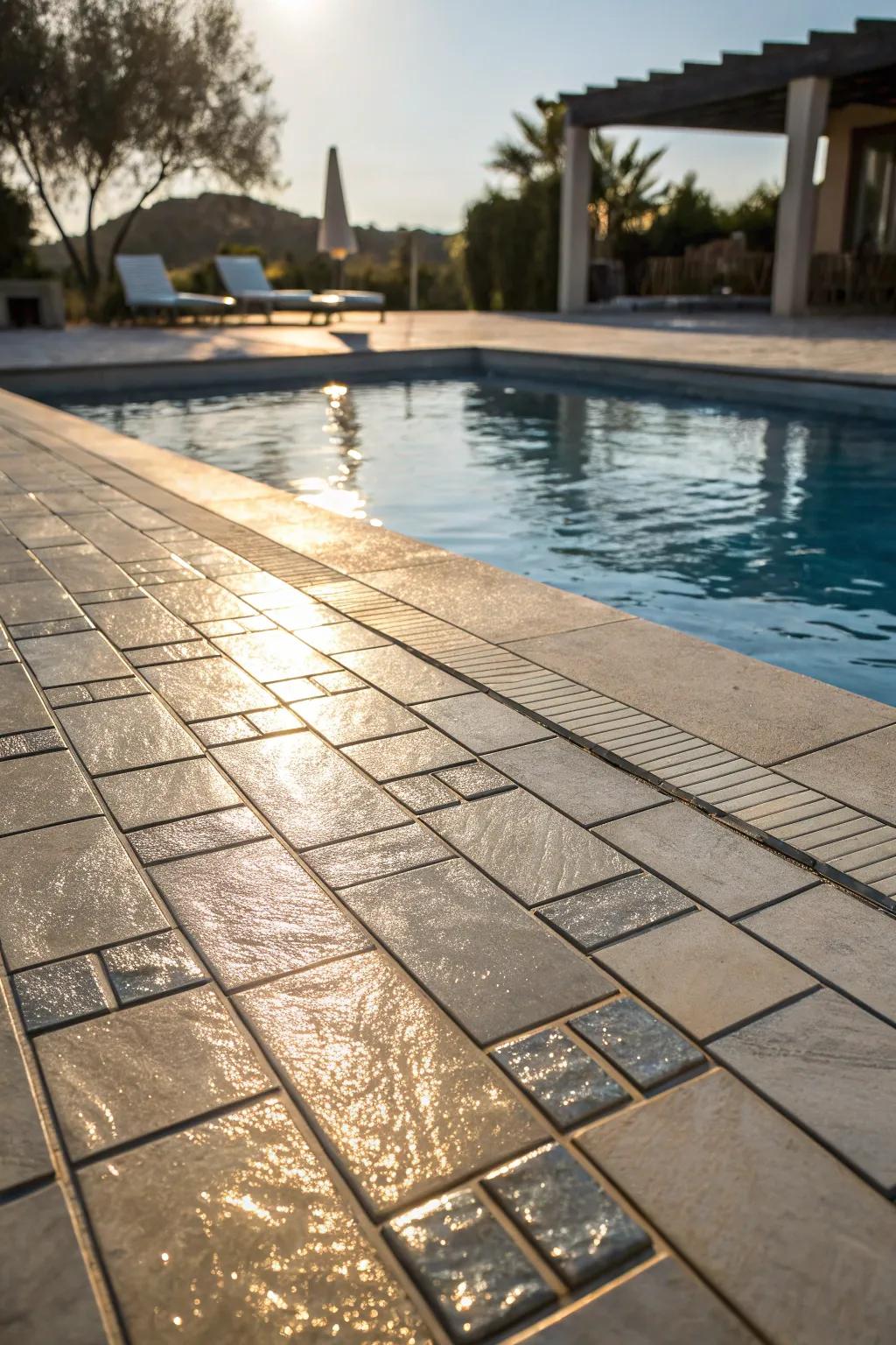 Metallic tiles add a glamorous touch to your pool deck.