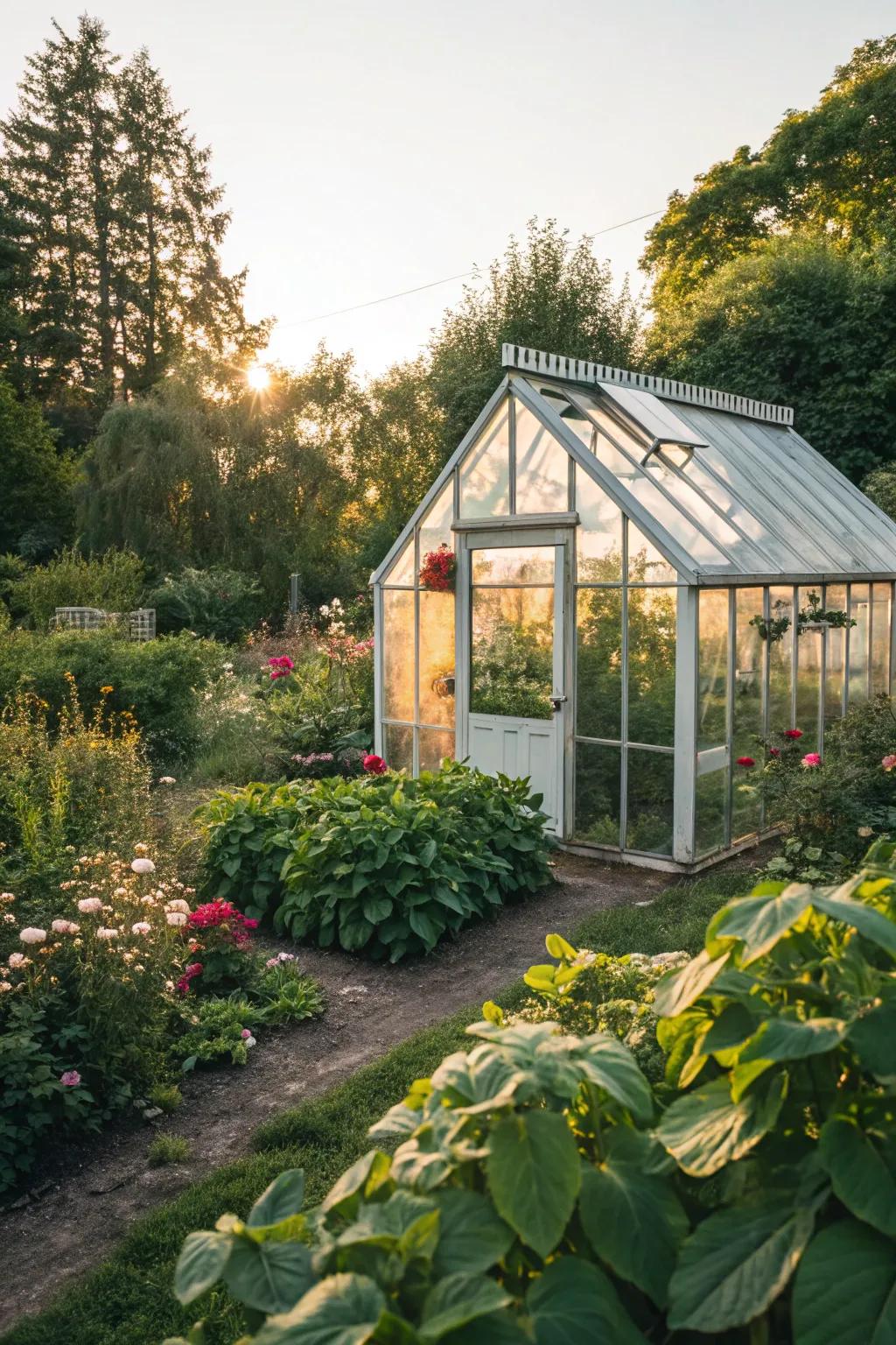 A compact greenhouse providing a cozy home for plants year-round.