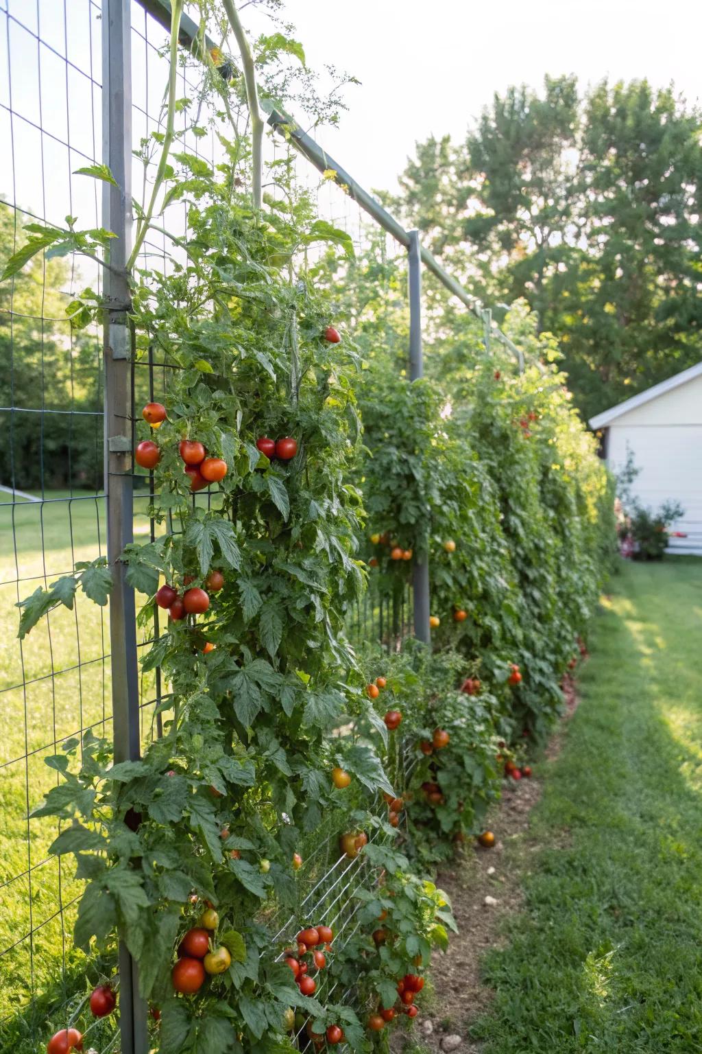 Expansive hog wire fence for tomato support.