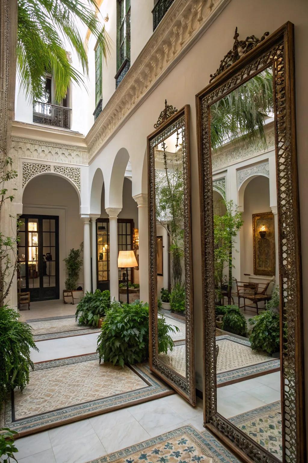 Reflective surfaces make the courtyard feel larger and more open.