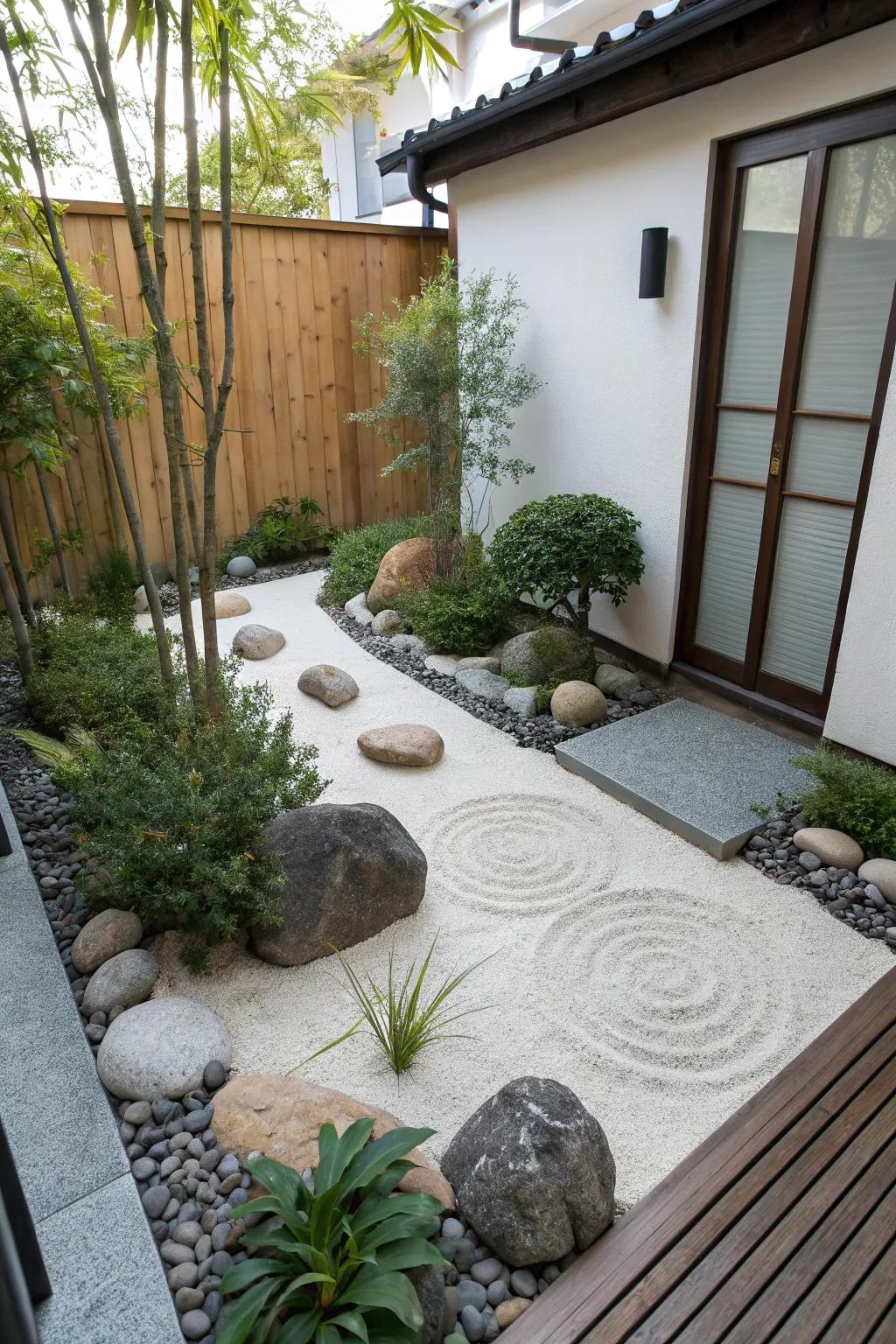 A small Zen garden providing a tranquil corner in a townhouse setting.