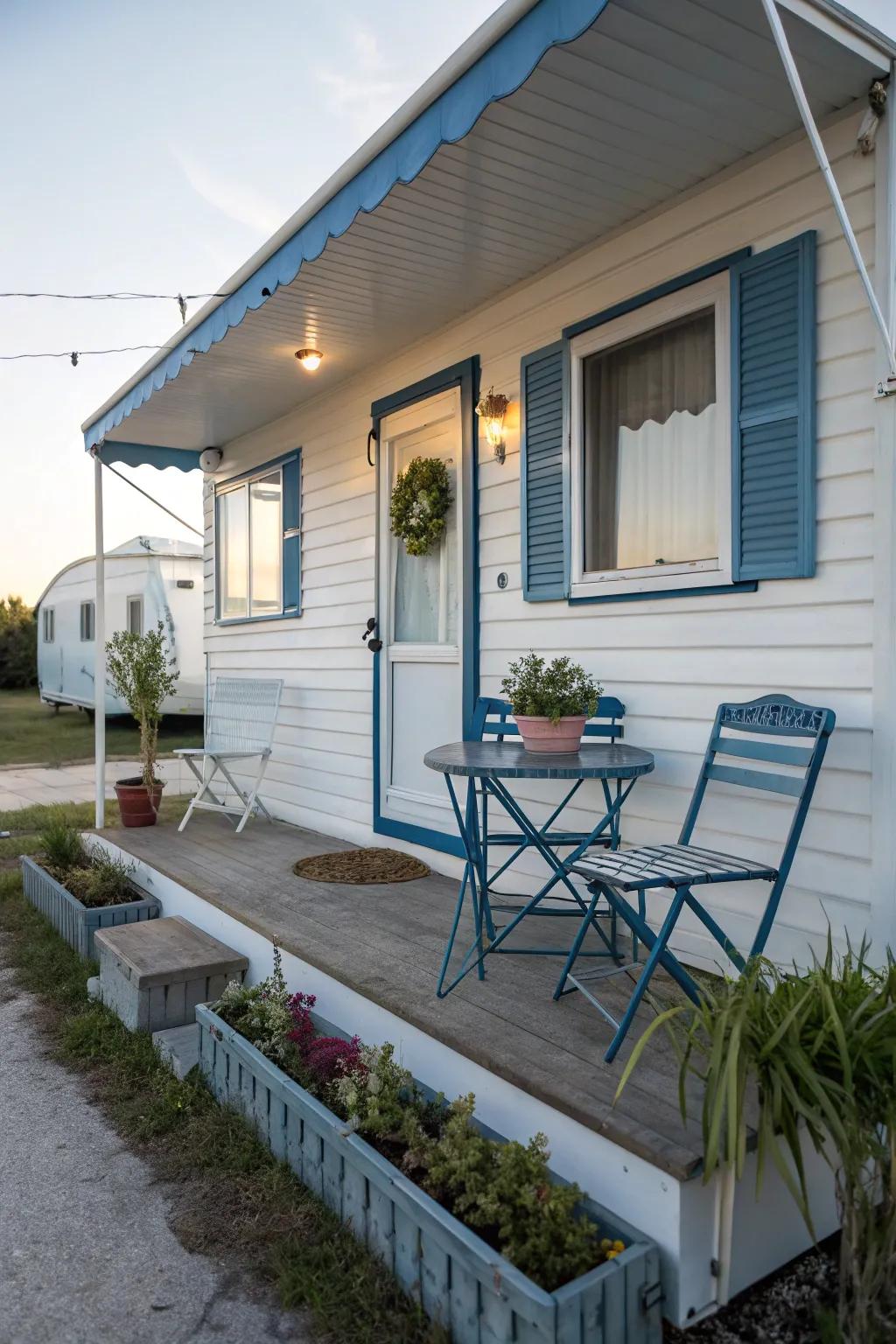 A trailer front porch with a charming and functional bistro set.