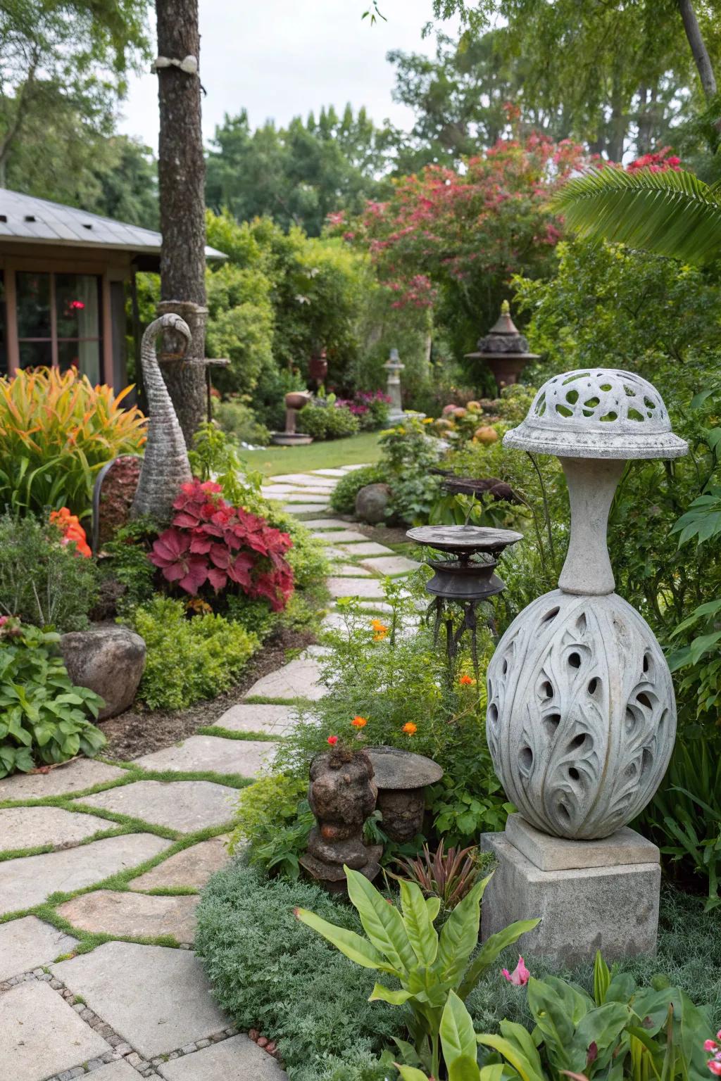 Artistic touches adding personality to a tranquil garden.