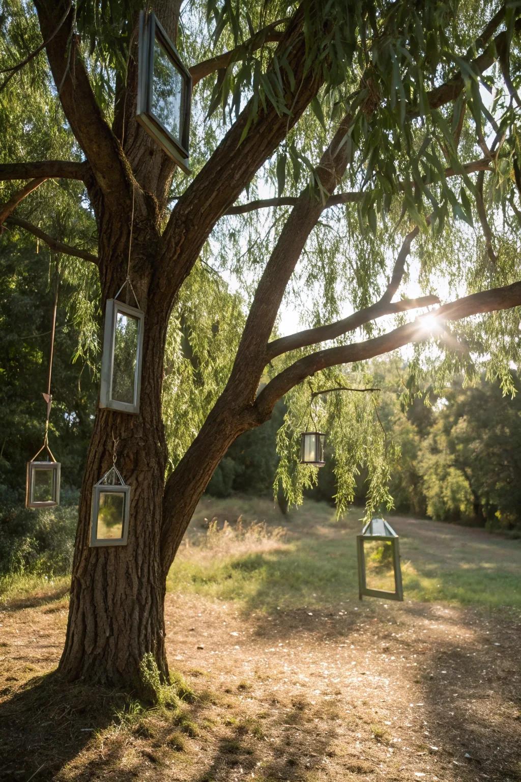 Reflective mirror pieces adding sparkle to tree