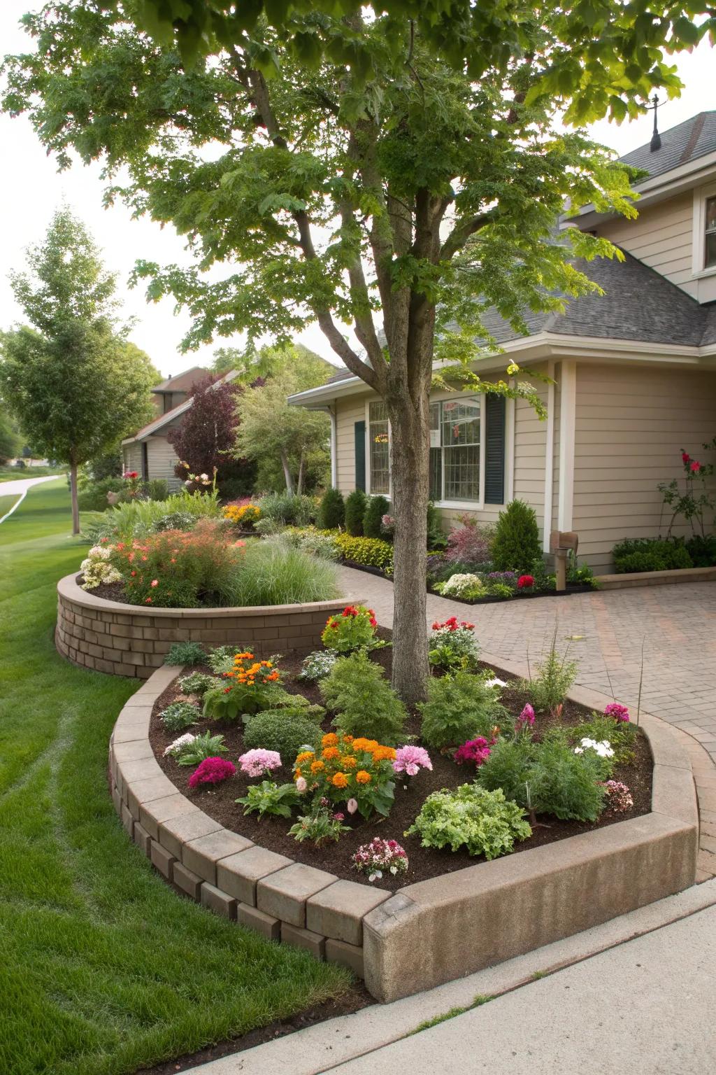 Raised beds around trees create a modern, structured look.