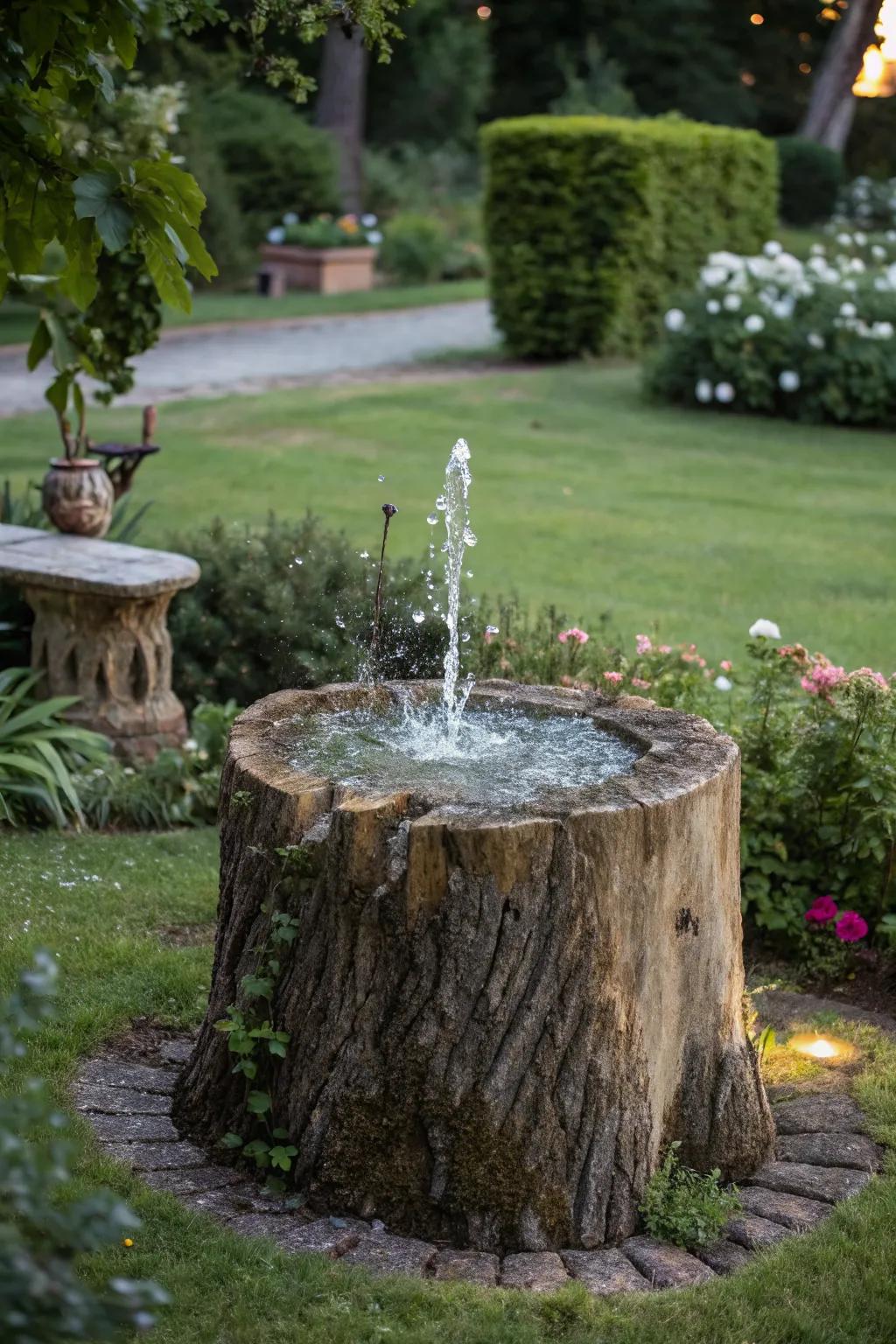A tree stump transformed into a soothing water feature.