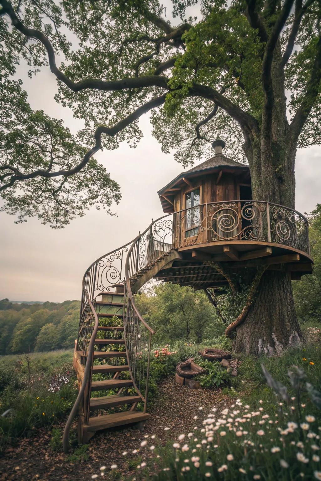 A treehouse with whimsical swirl pattern railings, creating a storybook feel.