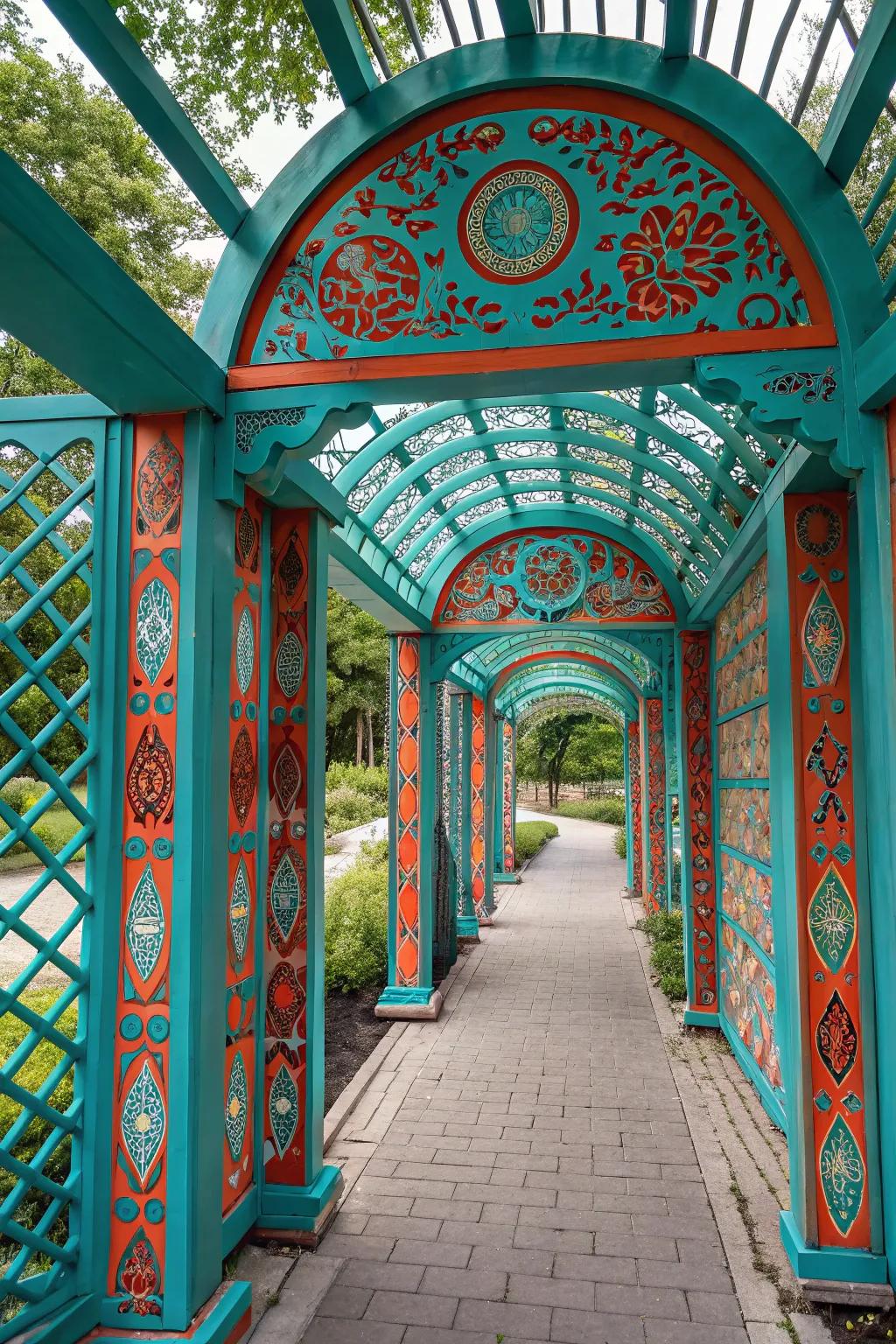 An artistic painted trellis tunnel, a vibrant garden standout.
