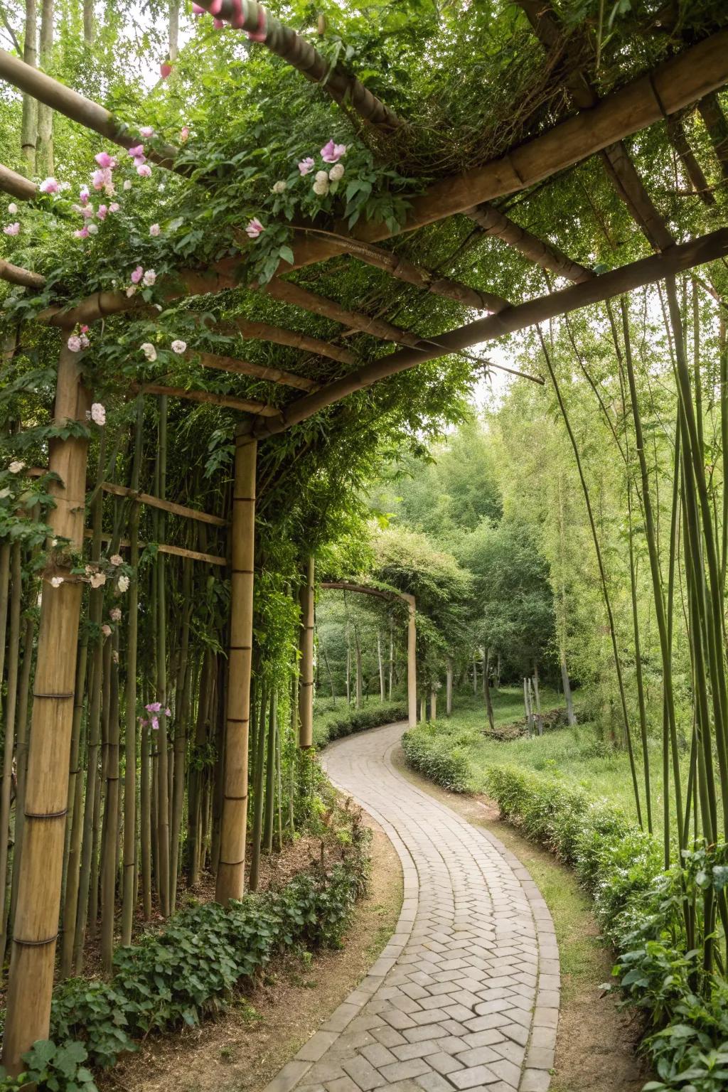 A bamboo trellis offers a natural and eco-friendly option in a garden setting.