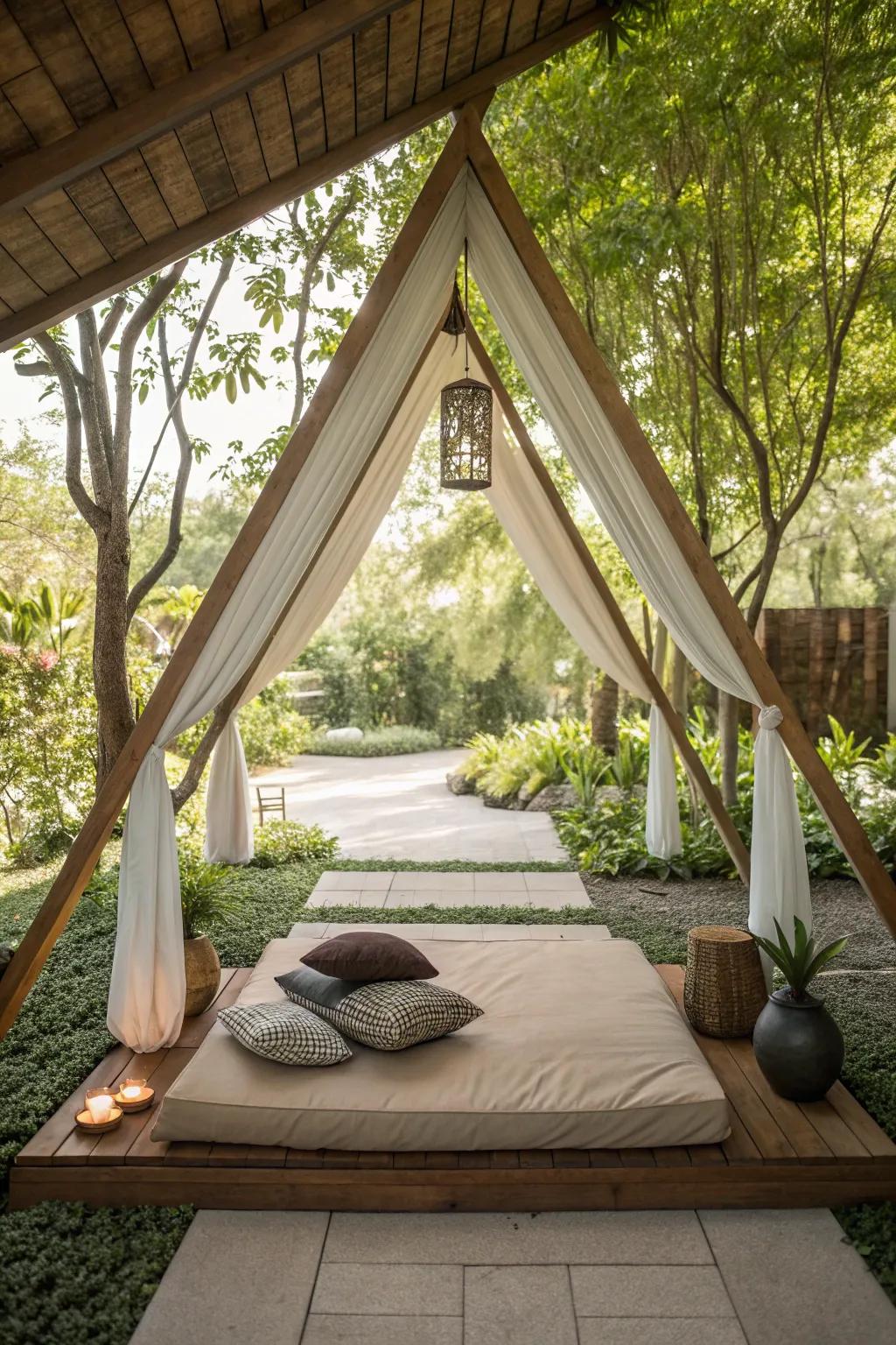 A Zen meditation spot under a peaceful triangle pergola.