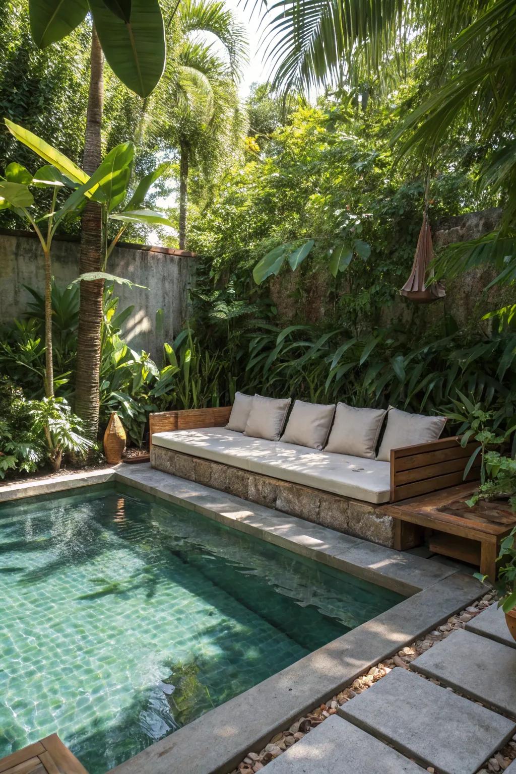 Integrated seating offers a unique way to relax and socialize in the pool.