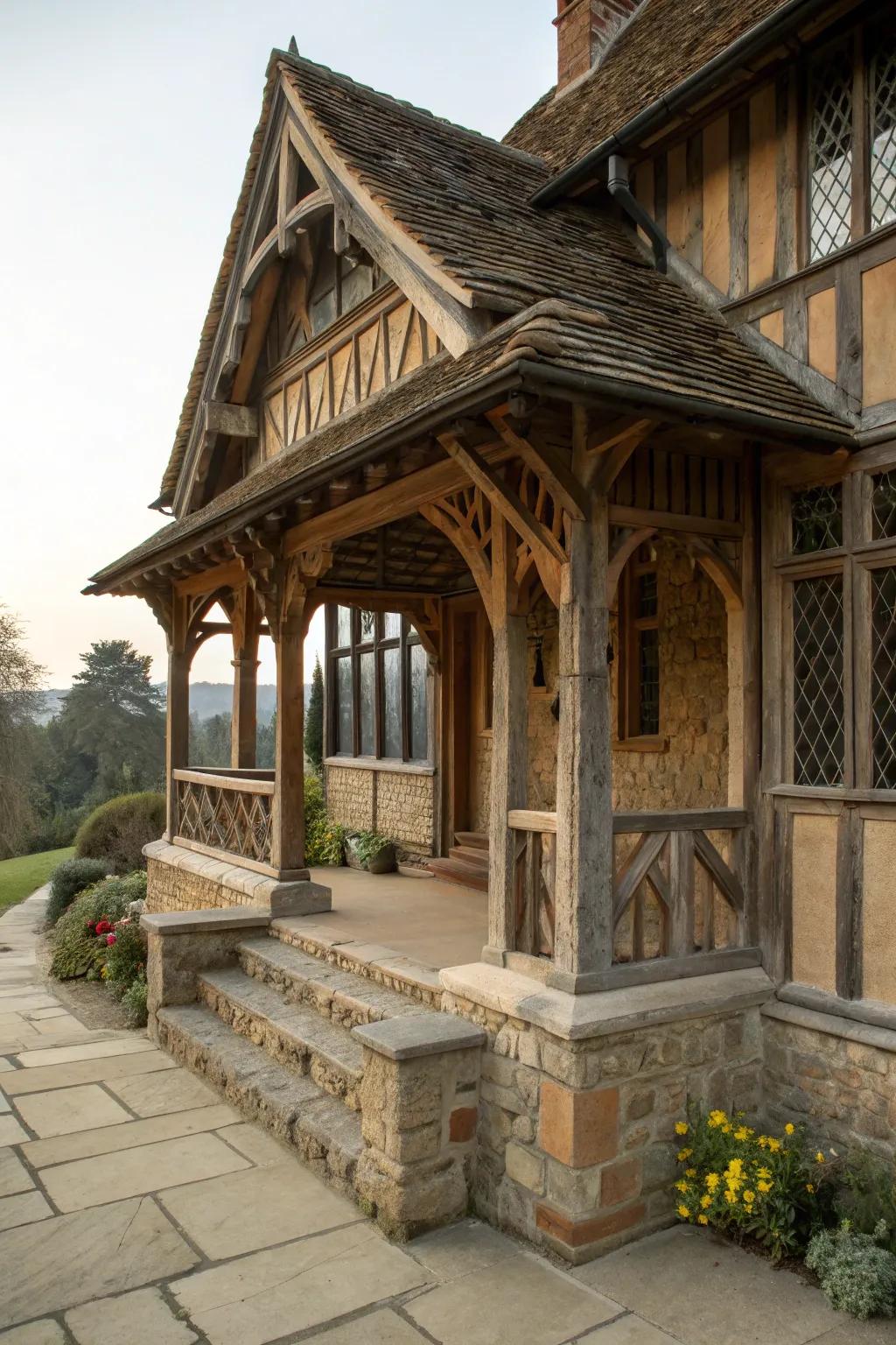 Natural materials bring rustic charm to this Tudor porch.