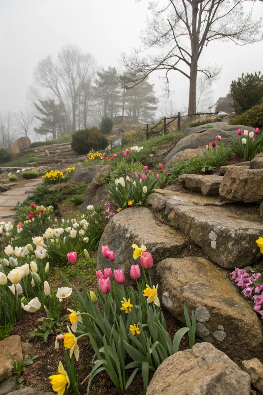 An alpine feel with tulips and daffodils in a rock garden setting.