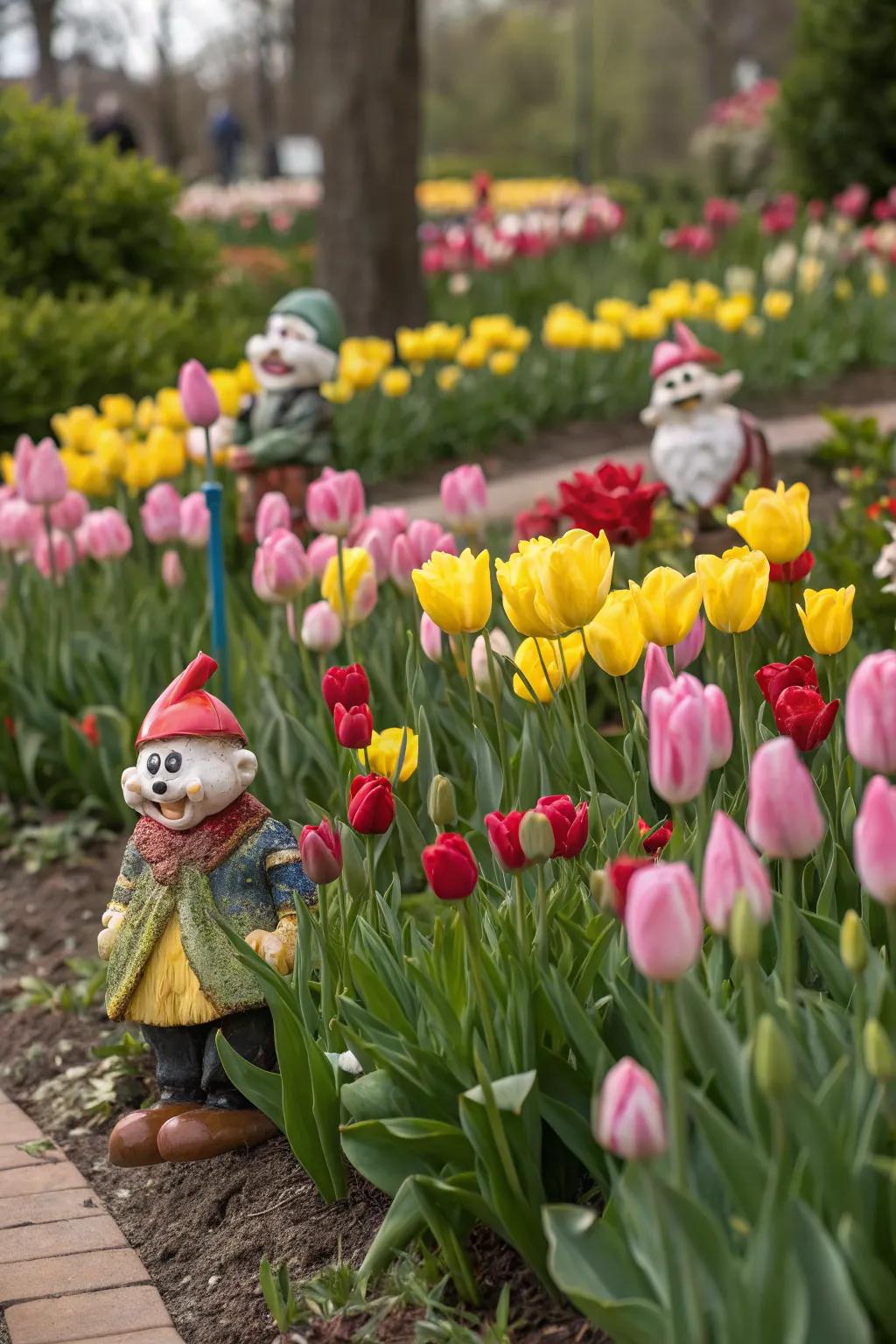 Surprise elements add whimsy and discovery to tulip gardens.