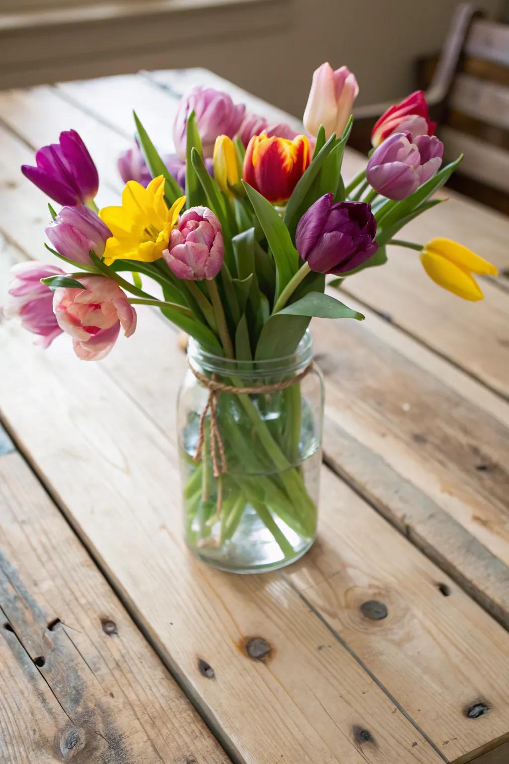 Country charm with tulips in a classic mason jar.