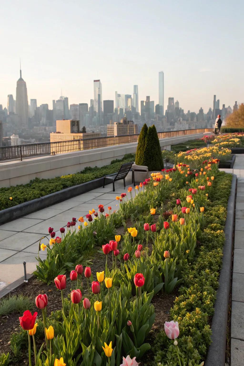 A rooftop garden transformed by tulips in bloom.