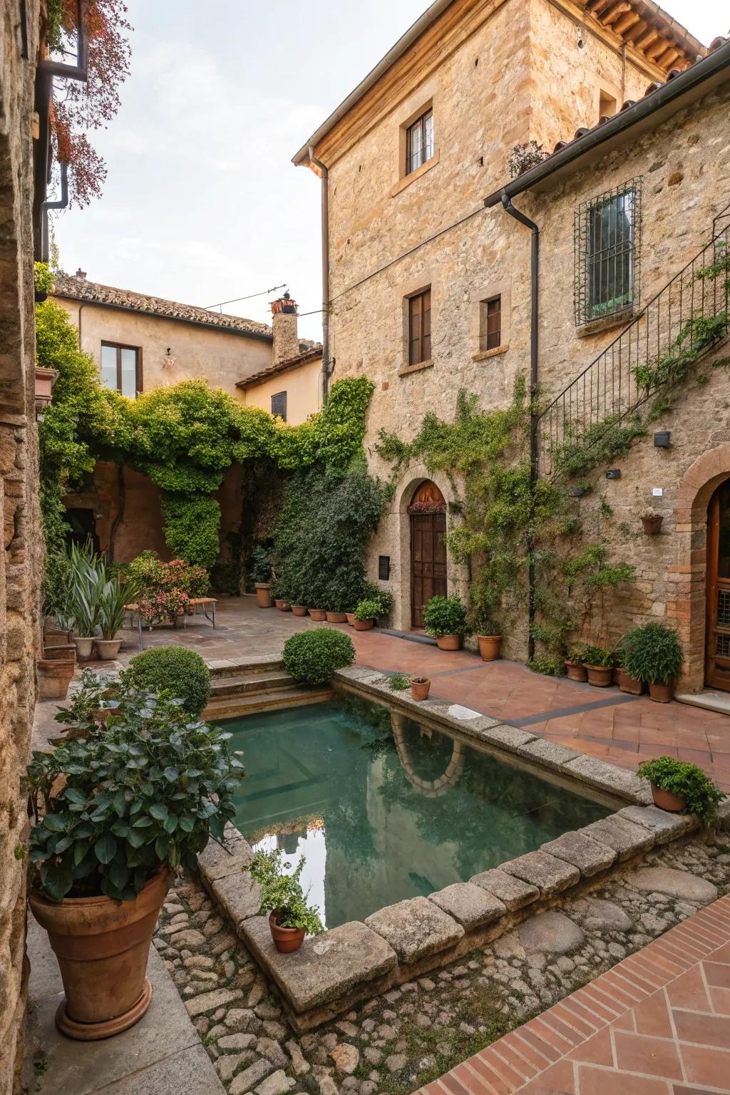 A small pool offers a refreshing escape in this courtyard.