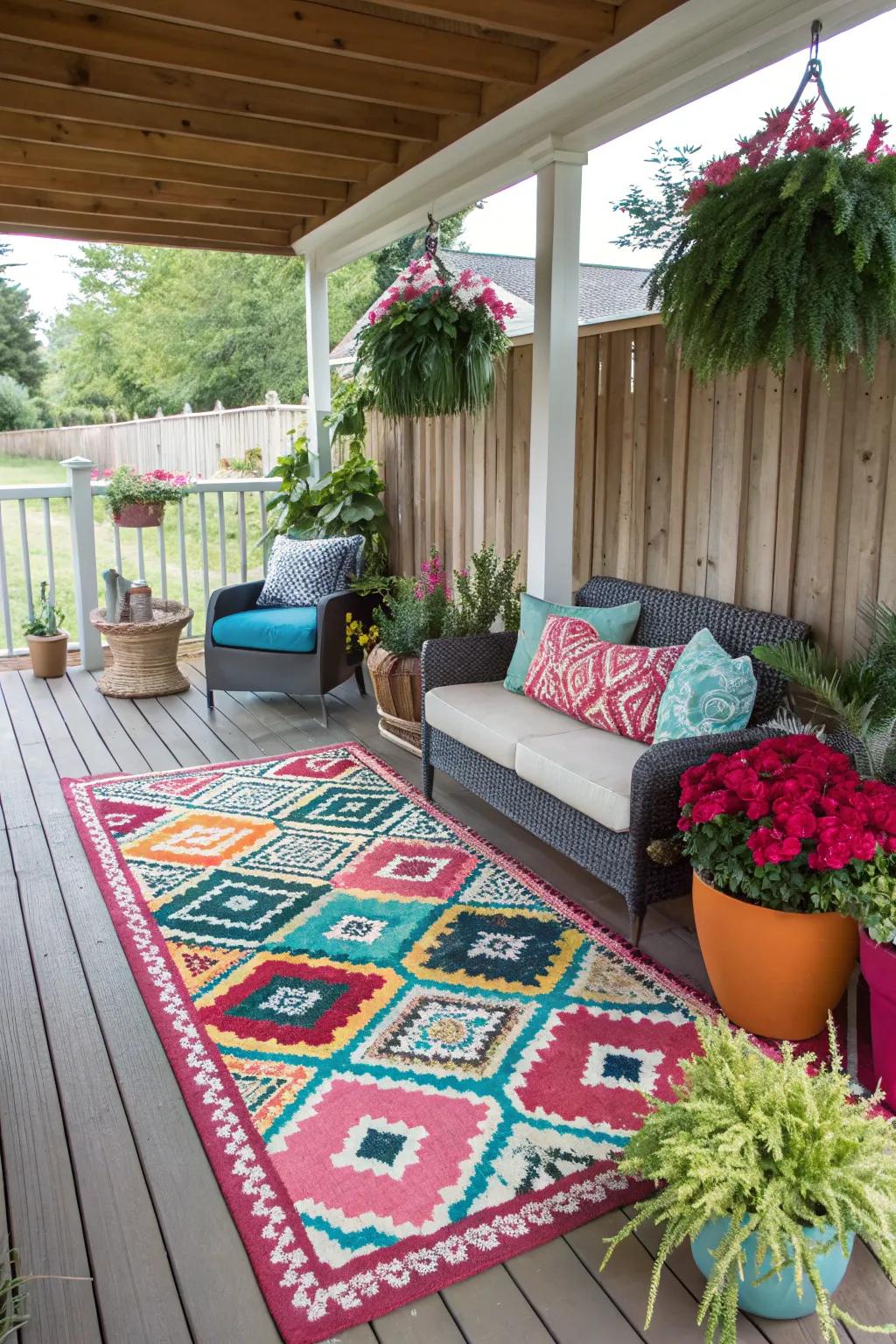 Bold patterns add a lively and unique touch to the porch.