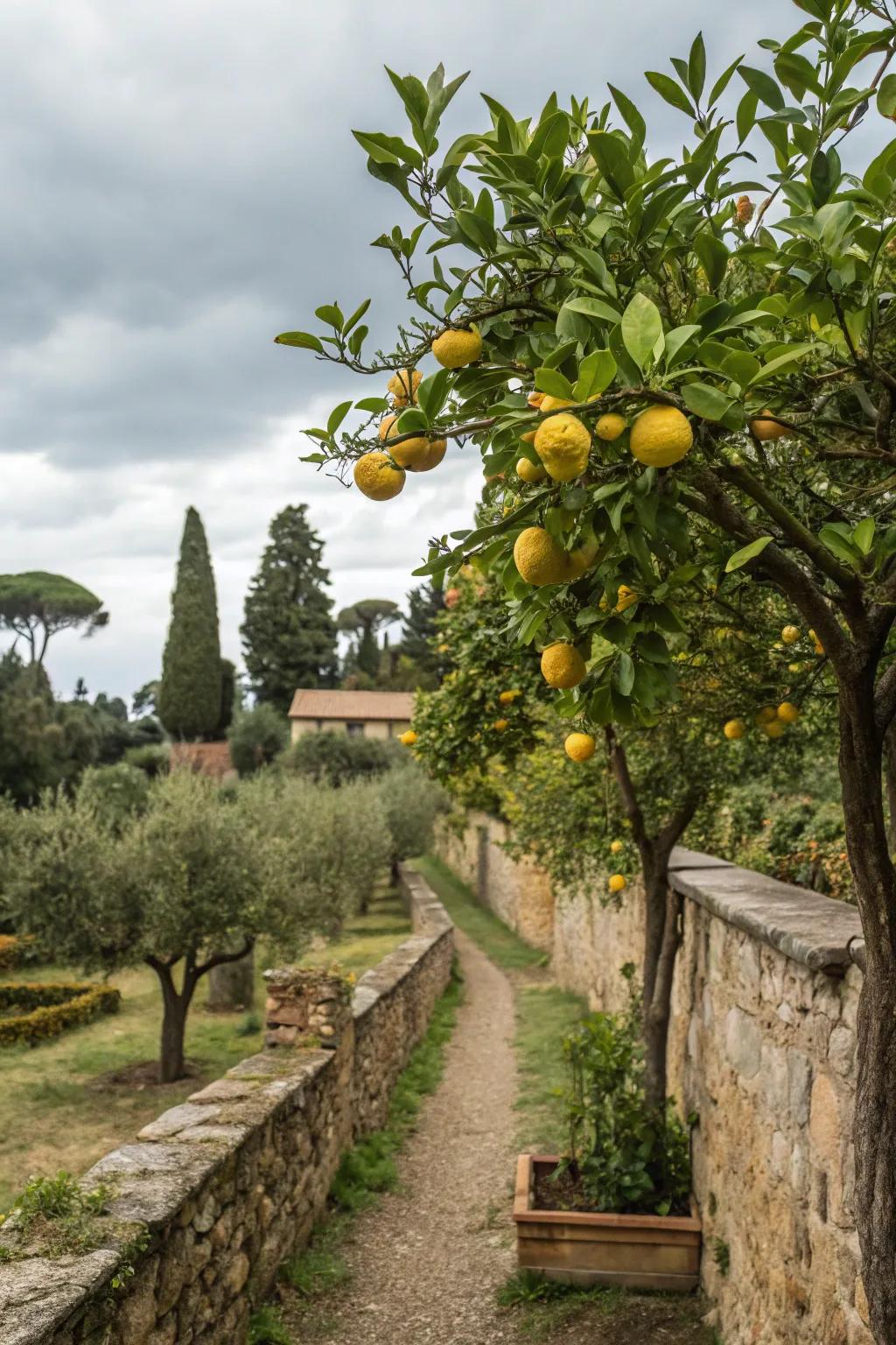 Citrus trees provide vibrant color and fresh fruit.