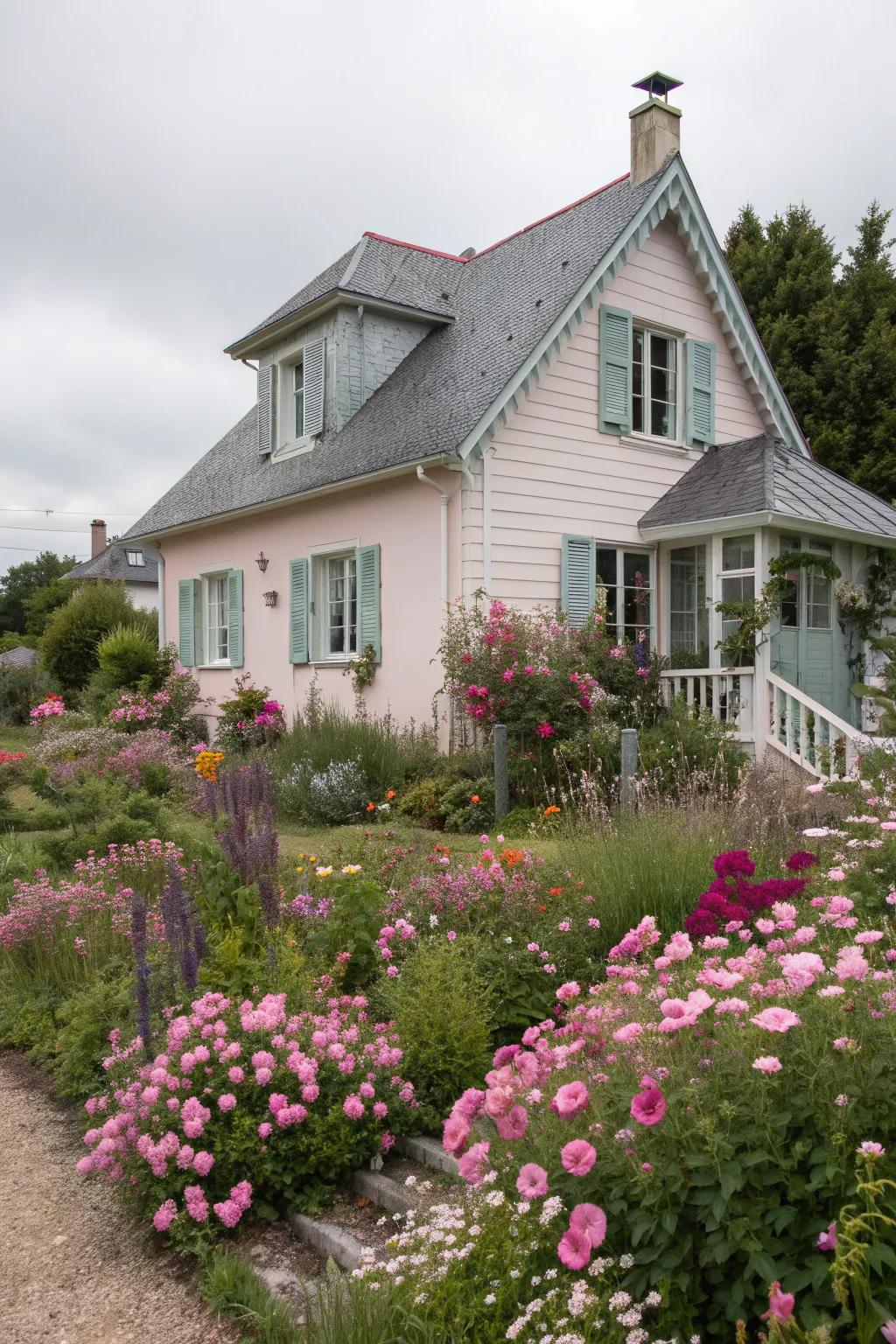 Pale pink and gray create a soft, romantic exterior.