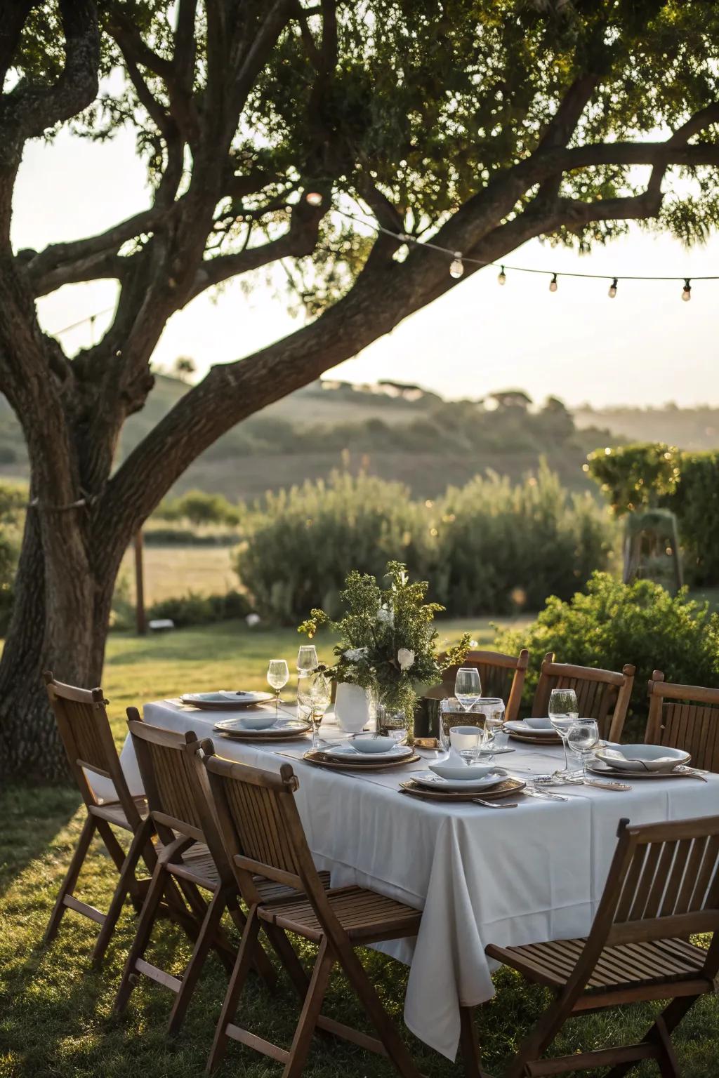An outdoor dining nook under the tree is perfect for meals.