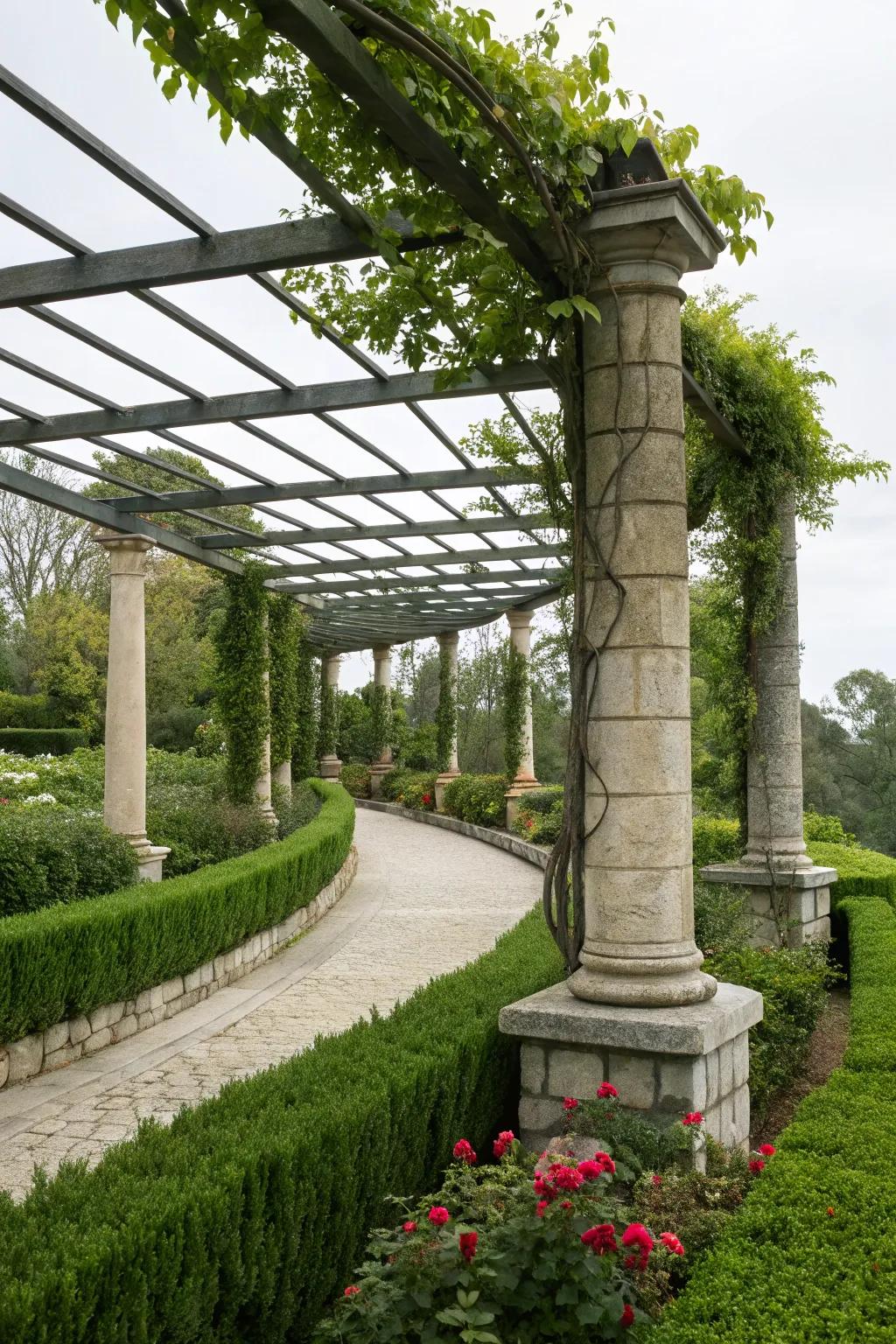 Mixing materials for a textured, visually interesting pergola.