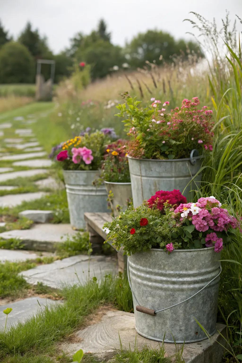 Galvanized buckets bring industrial charm to garden spaces.