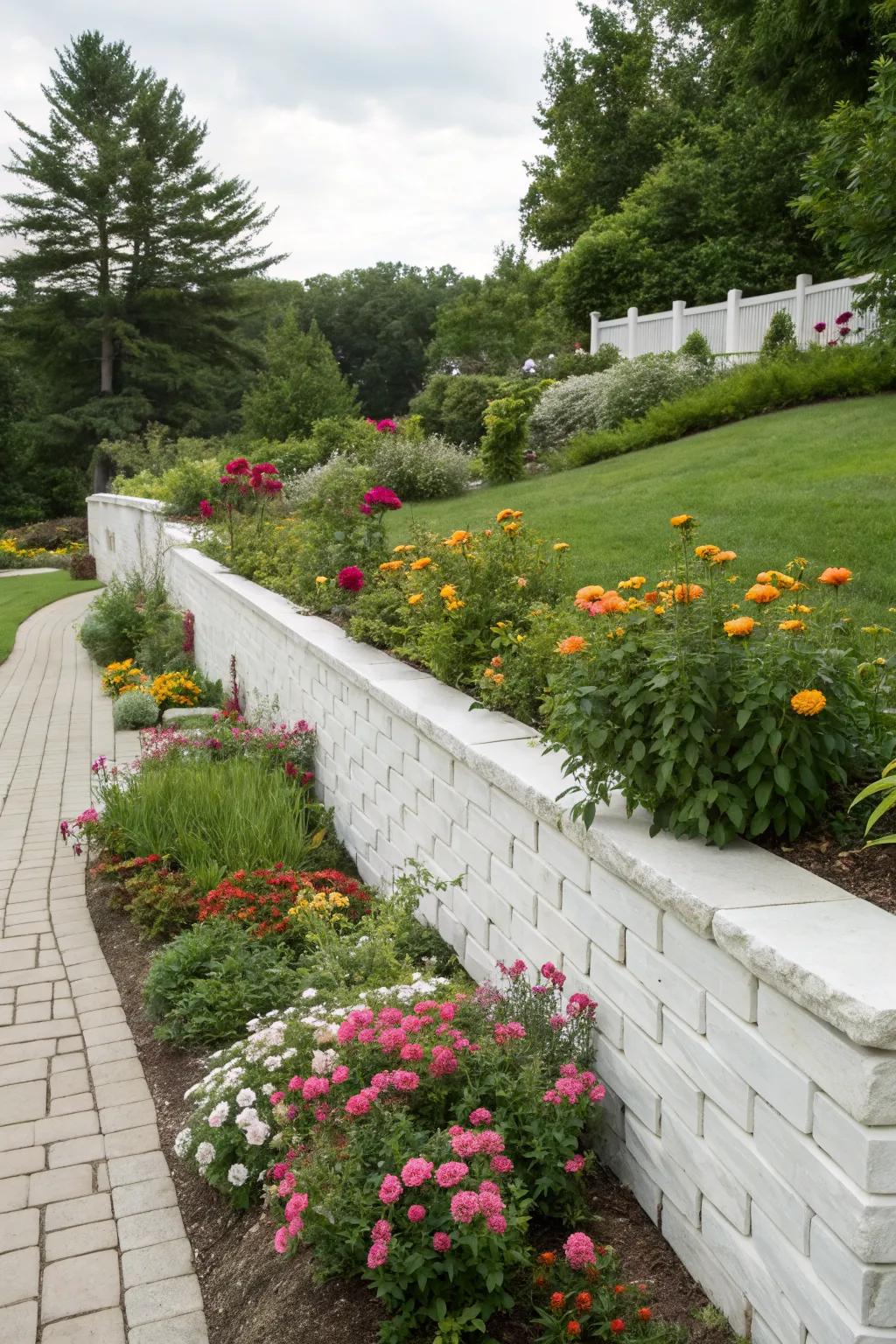Crisp cleanliness with white block retaining wall