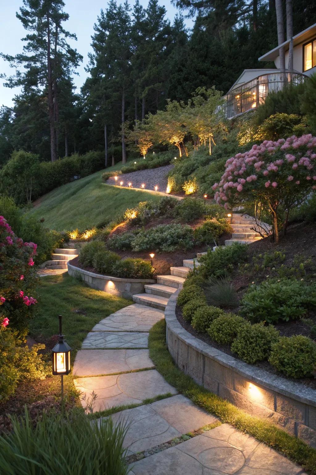 Lighting adds magic and ambiance to your sloped backyard.