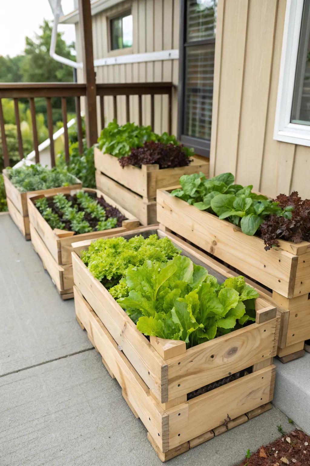 Rustic wooden crates brimming with fresh salad greens.