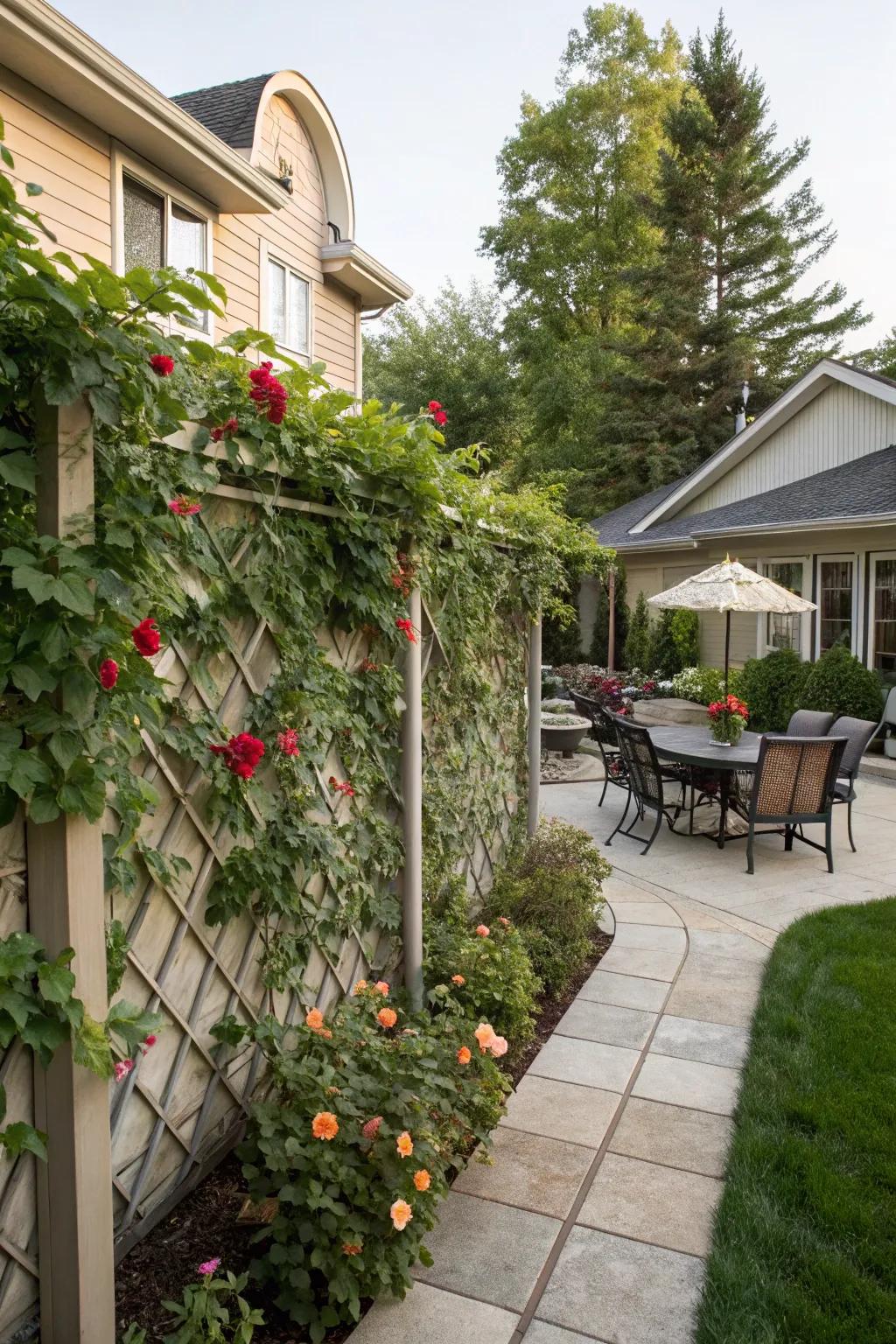 Climbing plants forming a living garden fence.