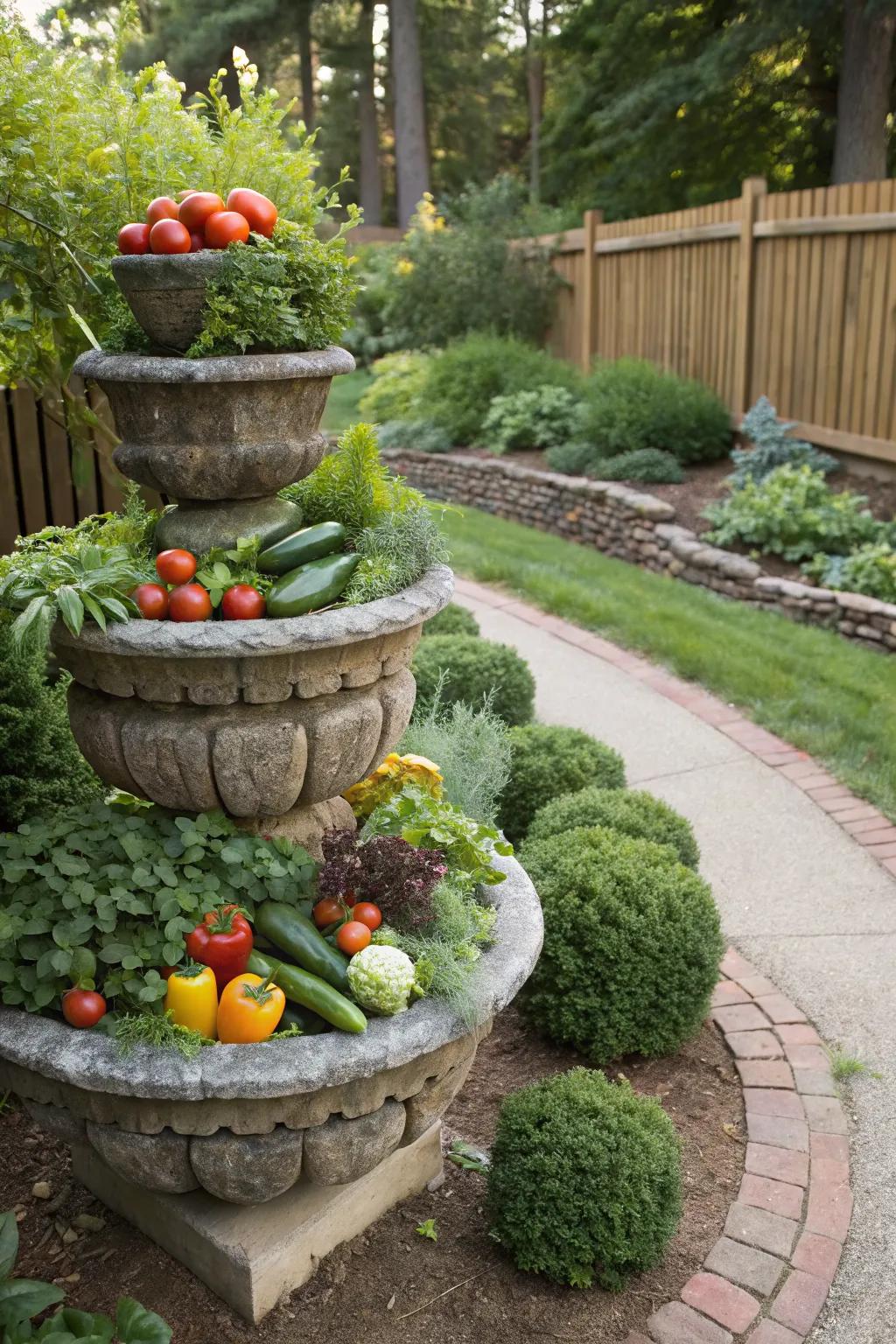 Stacked stone planters blend naturally into garden landscapes.