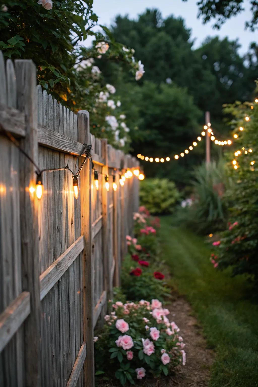 Hanging lights add charm and warmth to outdoor fences.