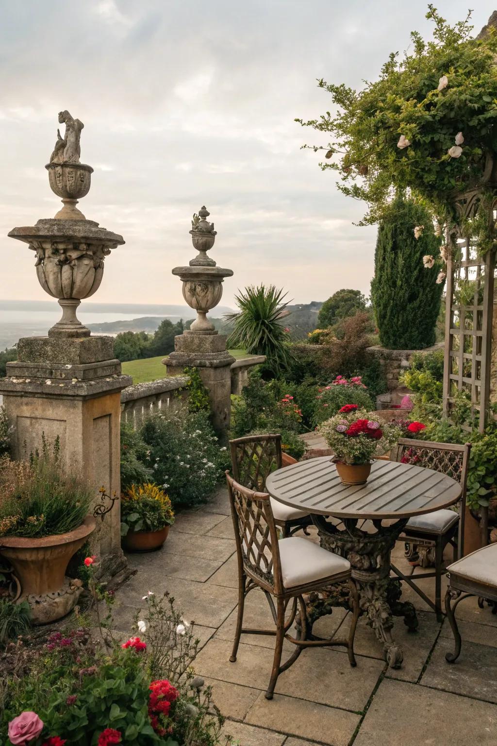 Antique ornaments add character to this Victorian patio.