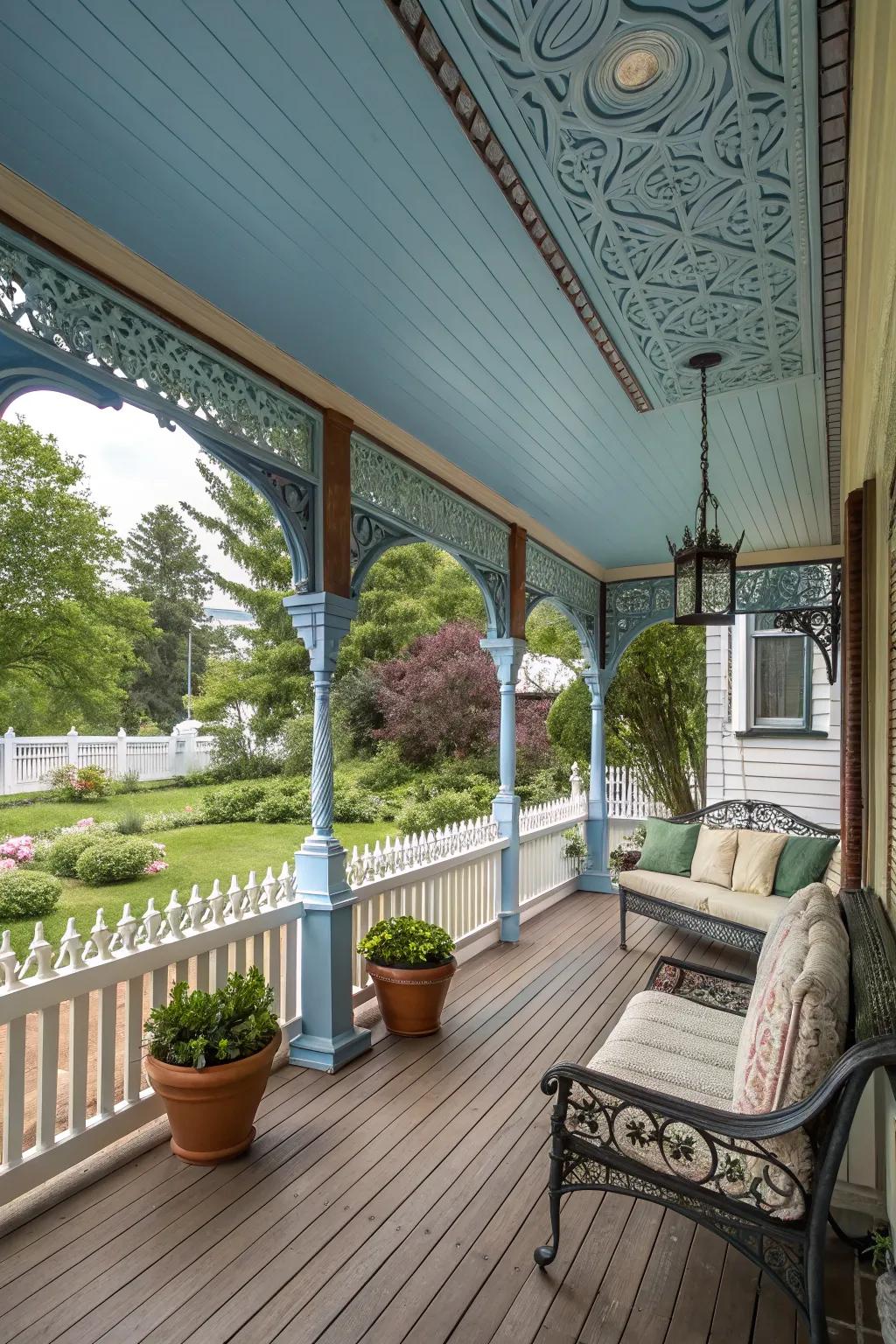 Victorian porch featuring a traditional haint blue ceiling for a calming effect.