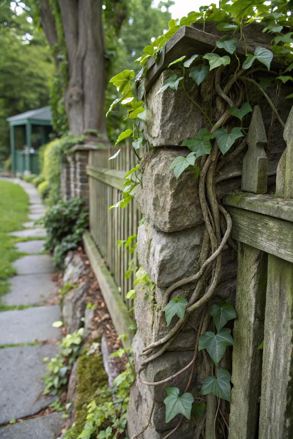 Natural stone elements enhance the organic beauty of vine fences.